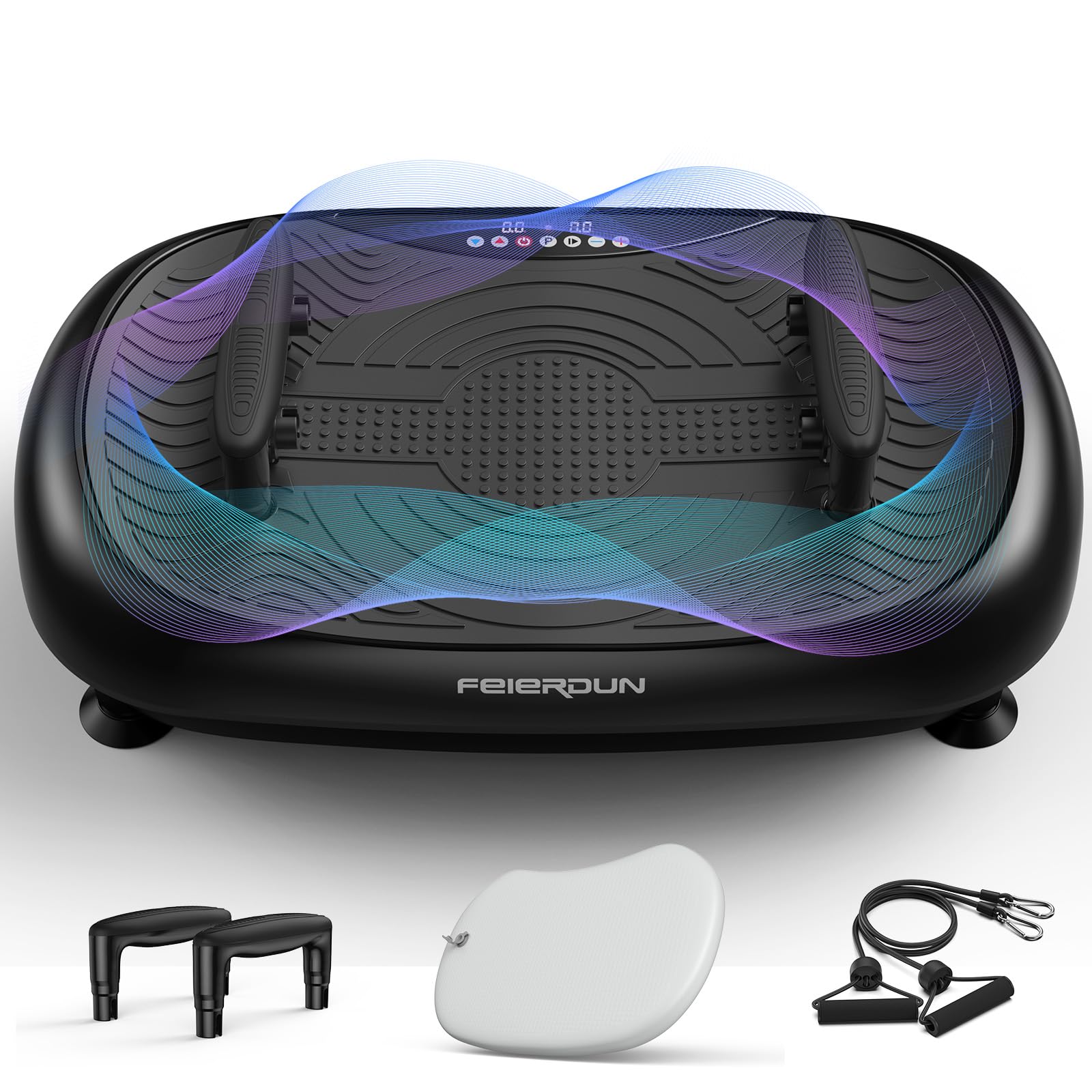 FEIERDUN Vibration Plate Exercise Machine - Whole Body Workout for Lymphatic Drainage, Weight Loss & Fitness - Includes Inflatable Cushion, Push-up Handles & 2 Resistance Bands - Perfect for Home Gym, Physical Therapy & Post-Workout Recovery