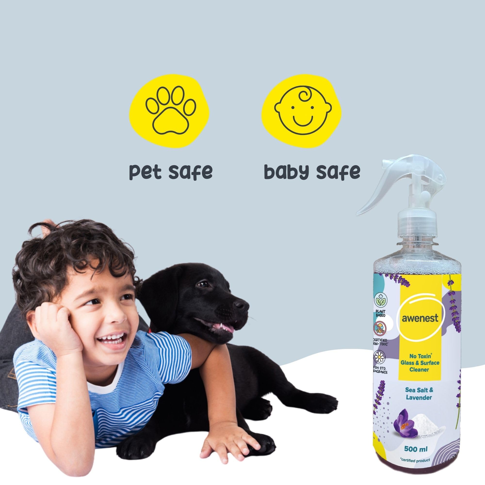 Awenest Organic Plant-Based Glass & Multipurpose Cleaner Concentrate Refill with Sea Salt & Lavender | All-Purpose Cleaner for Windows, Mirrors, Kitchen, Bathroom | Eco-Friendly Stain Remover | Perfect for Homes, Offices & Commercial Use (500ml)