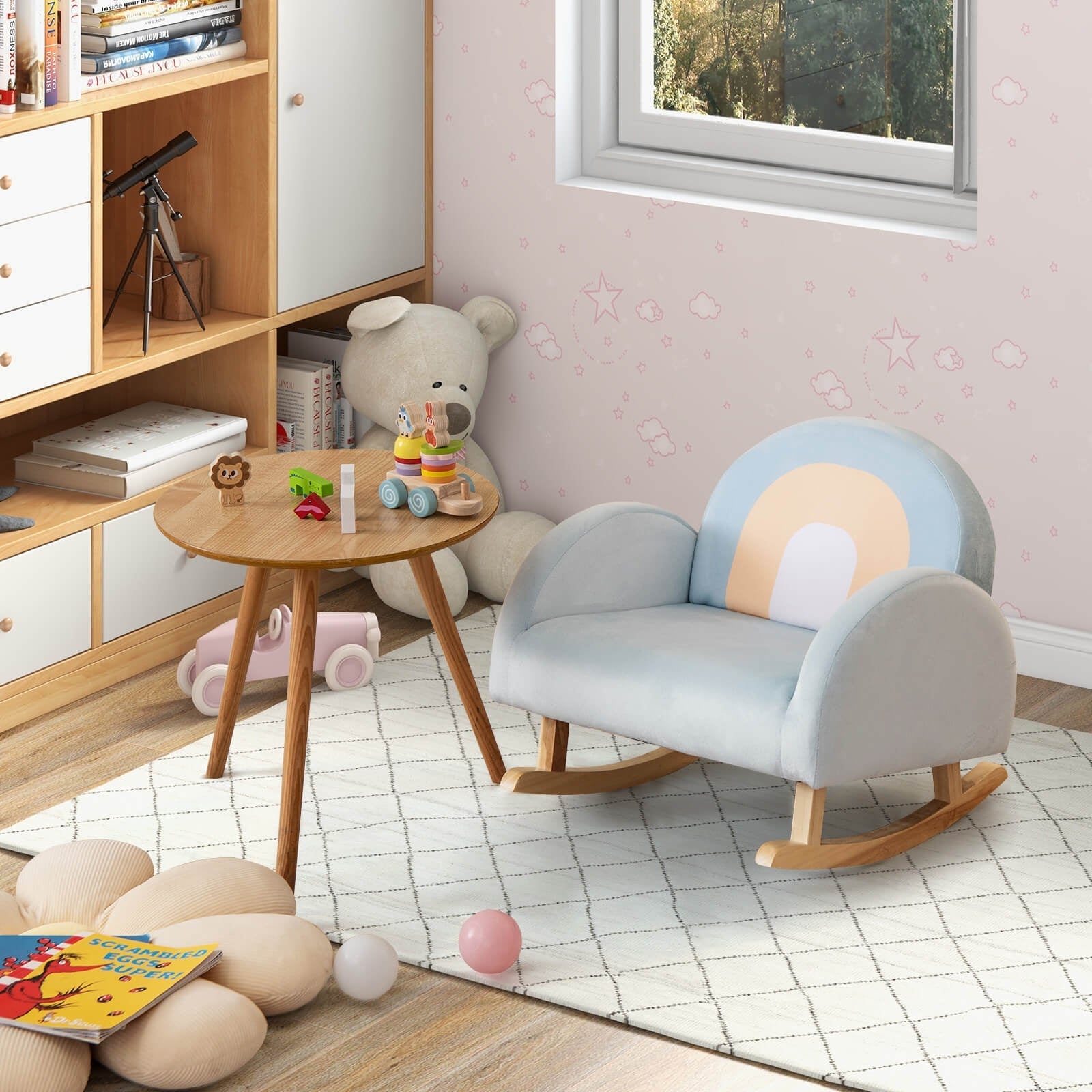 Solid Rubber Wood Toddler Rocking Chair with Soft Velvet Cover - Blue | Comfortable Kids Rocking Chair for Nursery, Bedroom & Playroom