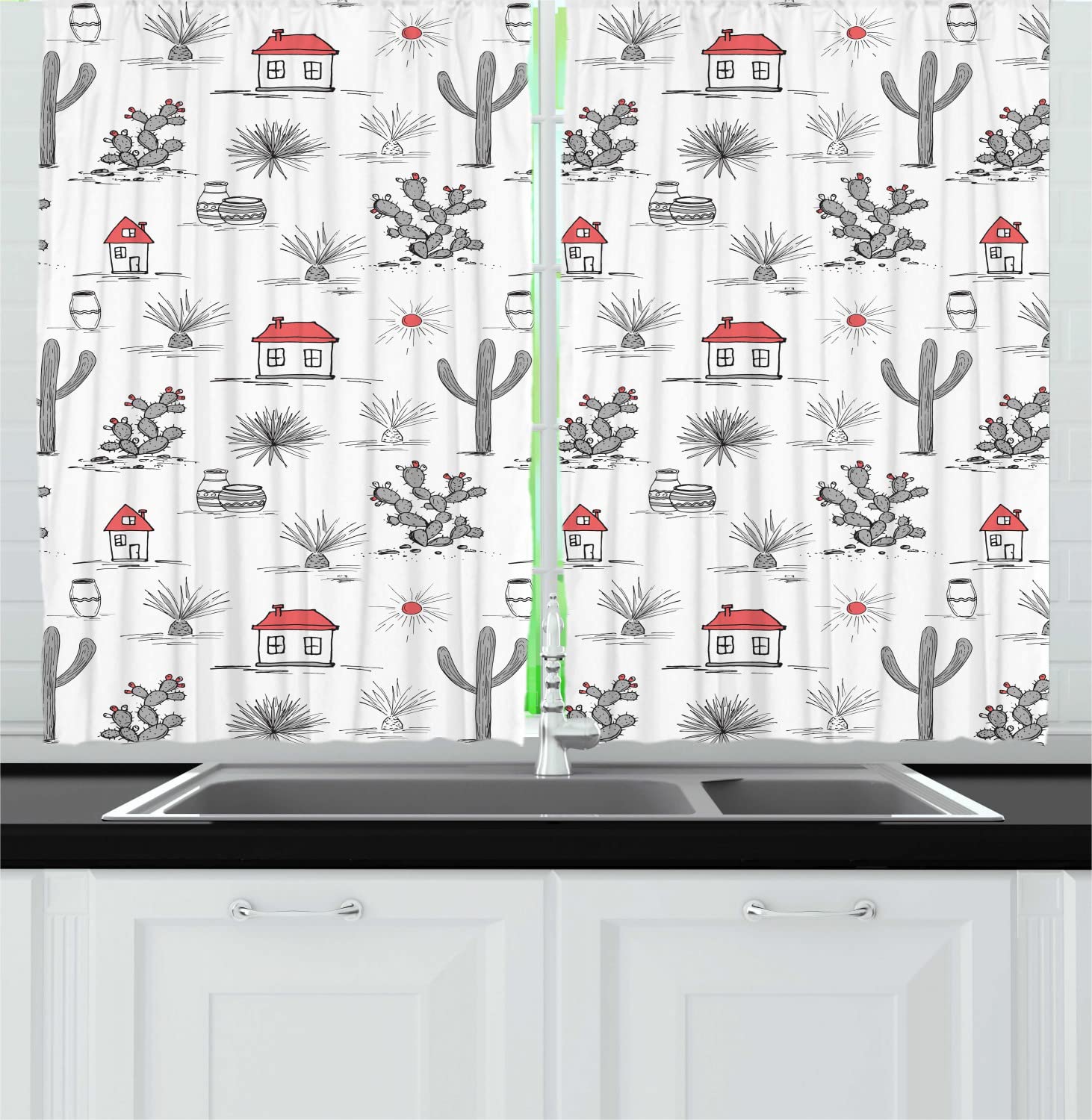 Ambesonne Mexican Kitchen Curtains - Traditional Latin American Cactus & Jar Design, 2 Panels with Rod Pocket, 55