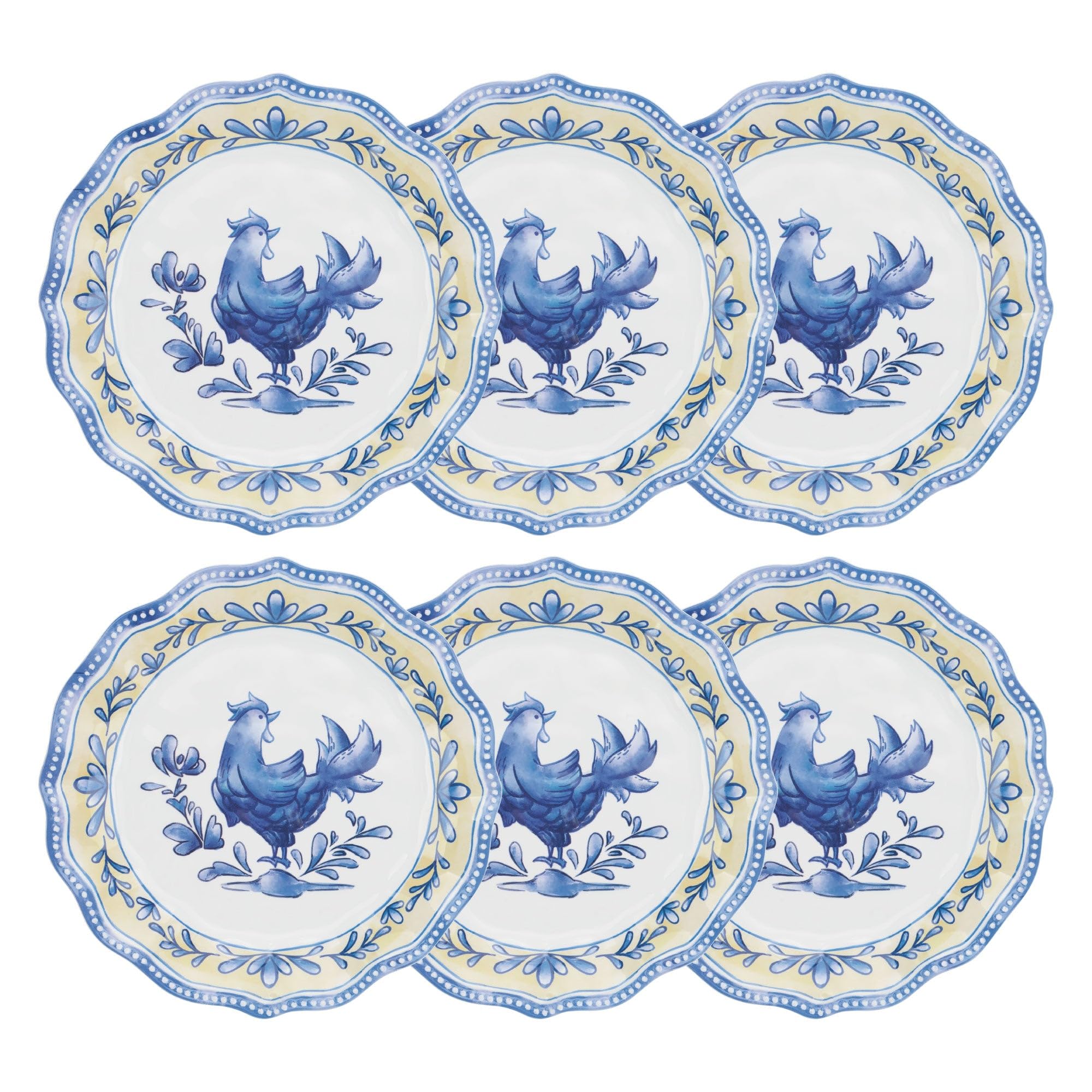UPware Melamine Salad Plate Set of 6 - BPA-Free, Dishwasher Safe 8.5 Inch Round Plates for Risotto, Pasta, Salad & Appetizers - Blue Rooster Design - Perfect for Dinner Parties, Picnics & Outdoor Dining