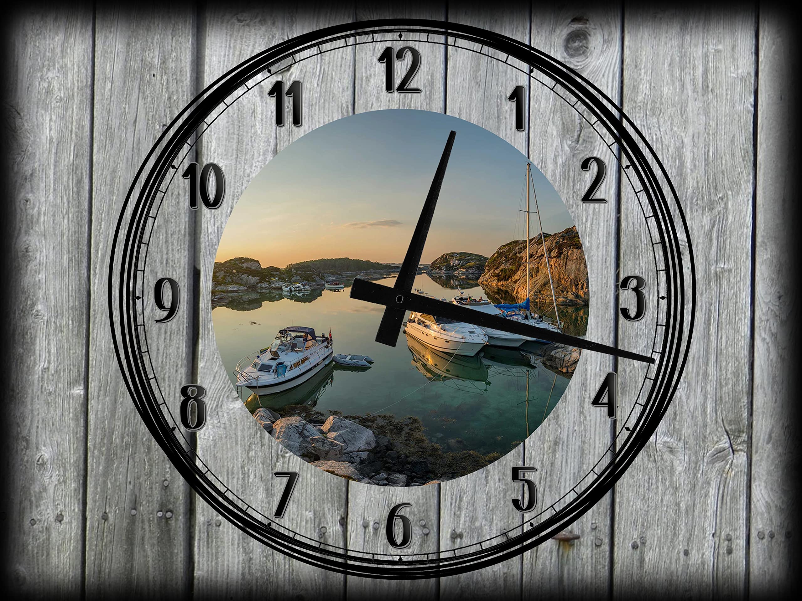 12 x 16 Inch Large Wall Clock with Canvas Art - Ocean Fishing Boats Coastal Decor in Gray | Perfect for Living Room, Bedroom & Office Wall Decor
