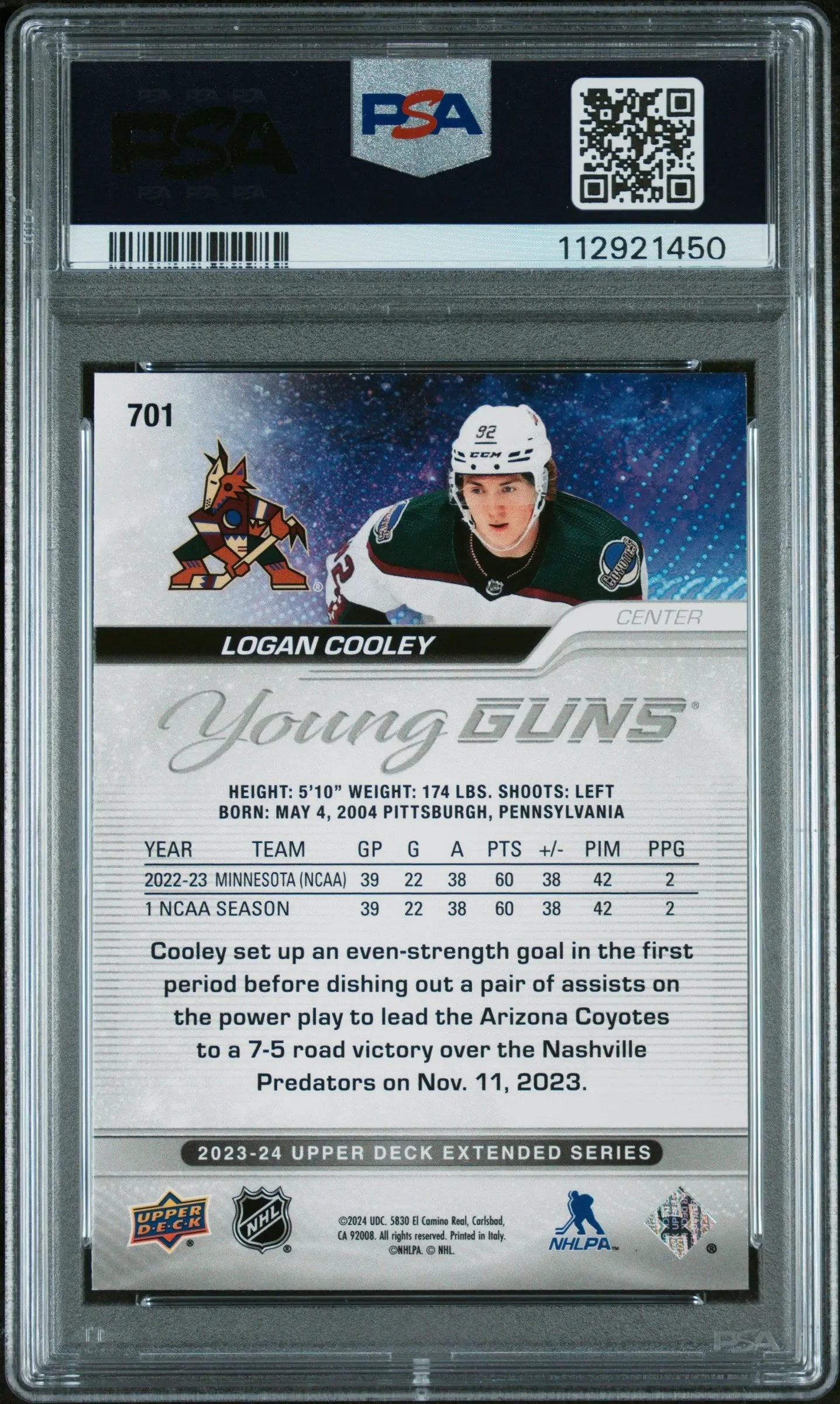 2023-24 Upper Deck Extended Series Logan Cooley Young Guns Rookie Card PSA 10 Gem Mint - Perfect for Hockey Card Collectors & NHL Fans