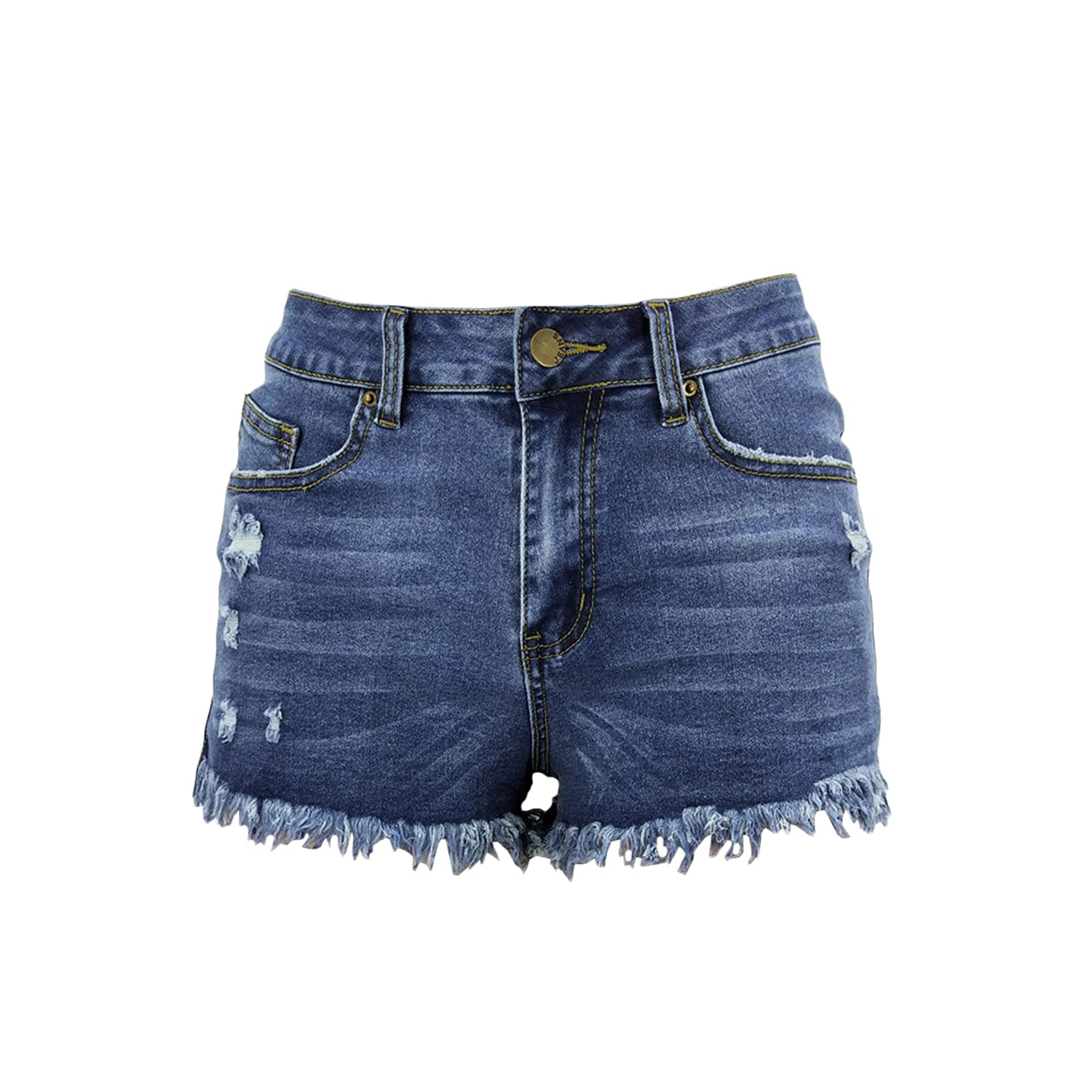 Women's Fringed Ripped Denim Shorts with Raw Hem & Button Details - Distressed Washed Jean Short Pants for Summer (Dark Blue, XX-Large) | Perfect for Beach Outings, Music Festivals & Casual Street Style