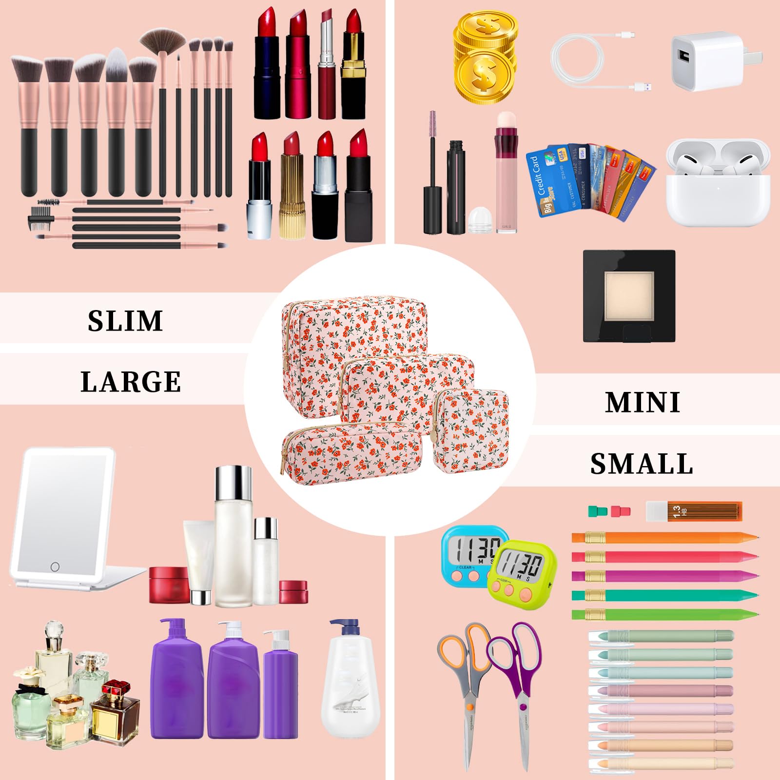 XSUIOY Floral Small Makeup Bag for Purse - Nylon Pencil Pouch, Coquette Aesthetic Cosmetic Organizer - Waterproof Travel Toiletry Bag for Makeup Brushes & Essentials (Orange Floral) - Perfect for School, Work, Gym & Vacation Travel Accessories