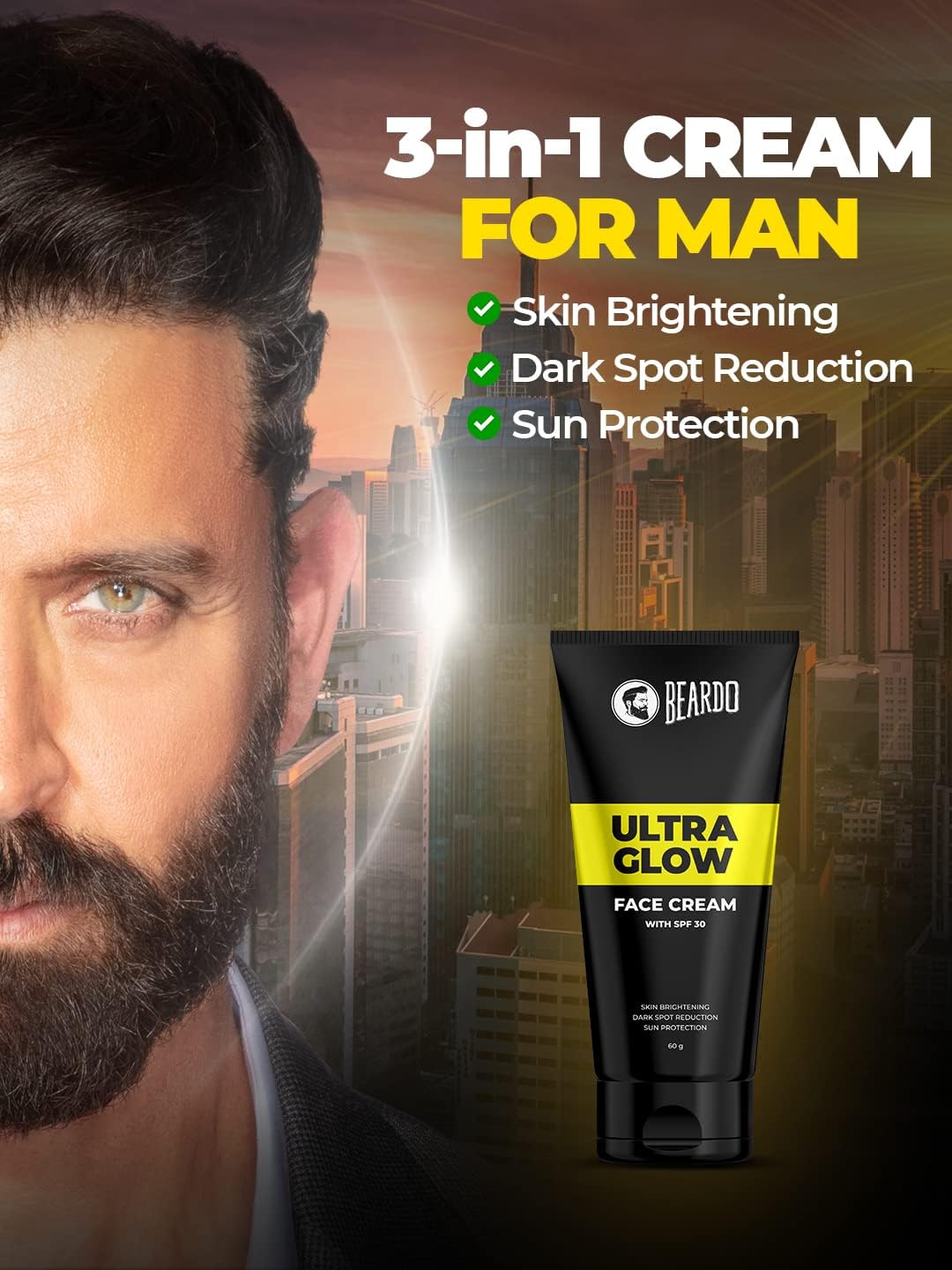 Beardo Ultraglow All-in-One Men's Face Cream with SPF 30, 60g - Aloe Vera, Vitamin E & Niacinamide for Skin Brightening, Dark Spot Reduction & Hydration | Daily Moisturizer for Men's Skincare Routine, Gym & Outdoor Protection