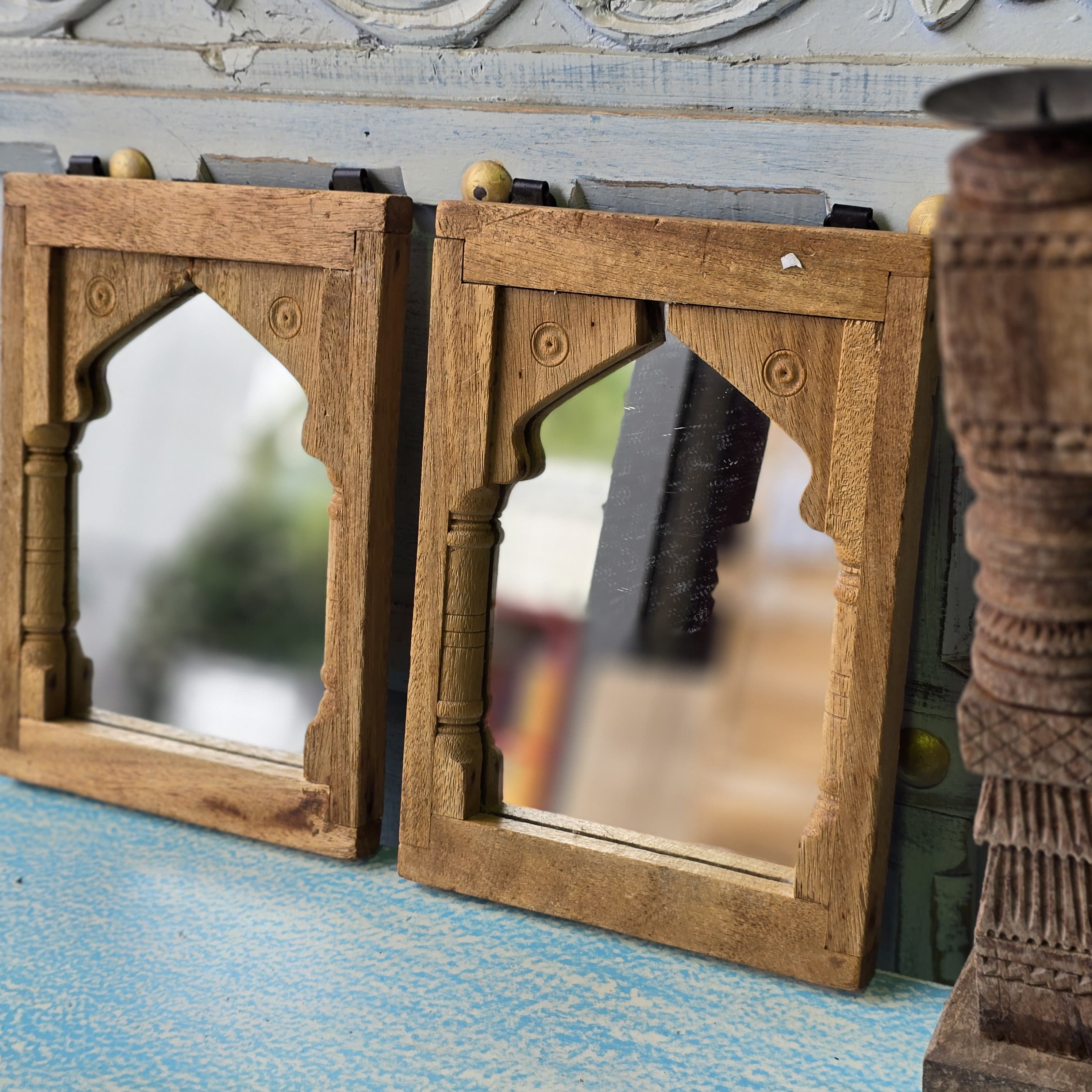 Hand Carved Indian Solid Wood Temple Mirror - Brown Wooden Wall Mirror for Home Decor, Spiritual Space & Meditation Room - Perfect for Boho, Ethnic & Traditional Interior Design Styles