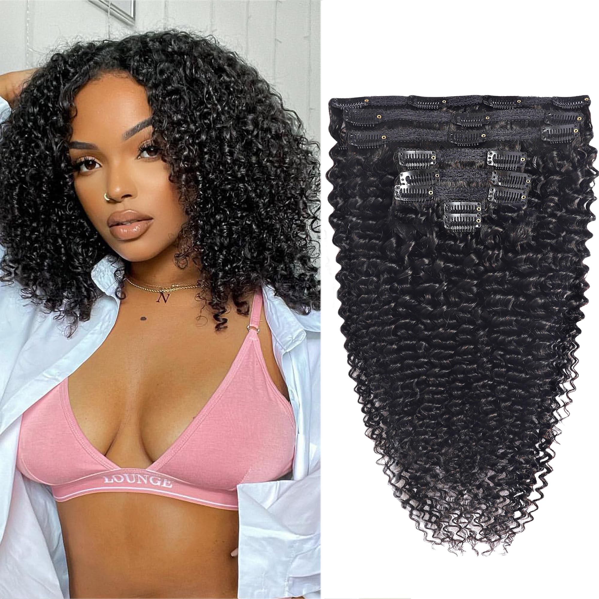 Kinky Curly Clip-in Hair Extensions for Black Women - 12 Inch 100% Human Hair Weave Extensions (8PCS with 18 Clips) - Natural Black Color for Daily Styling & Special Occasions