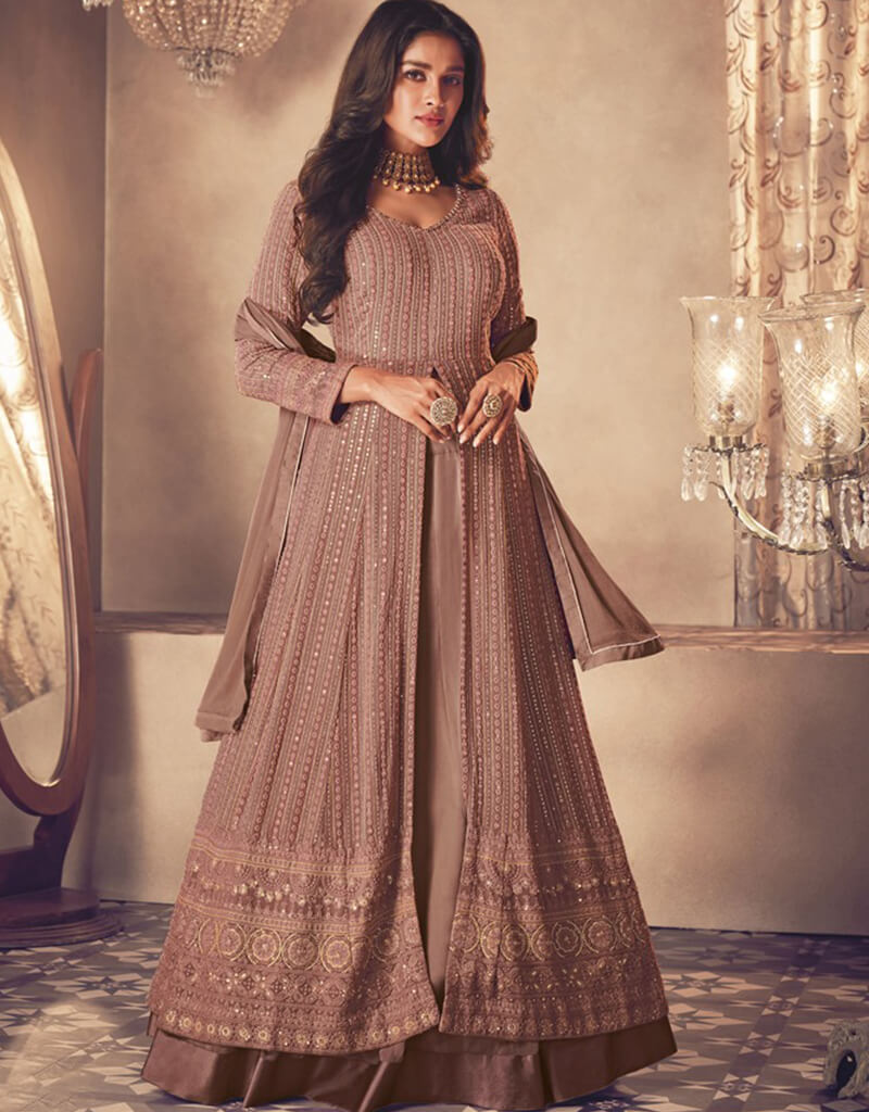 Elegant Brown Lehenga Style Semi-Stitched Suit for Women - Perfect for Weddings, Parties & Festive Occasions
