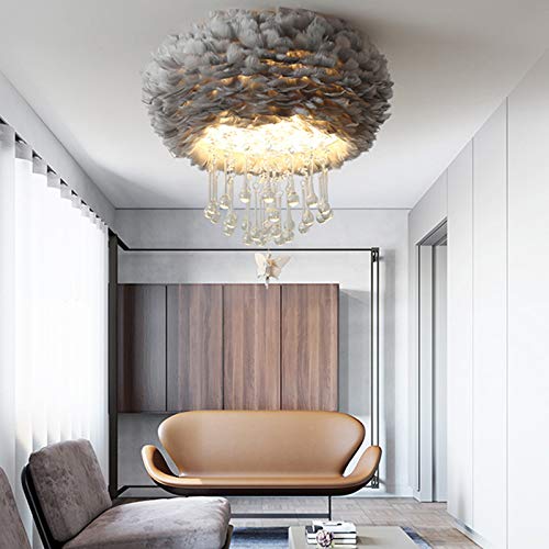 LITFAD Modern Grey Feather Ceiling Light with Crystal Accents - 19.5