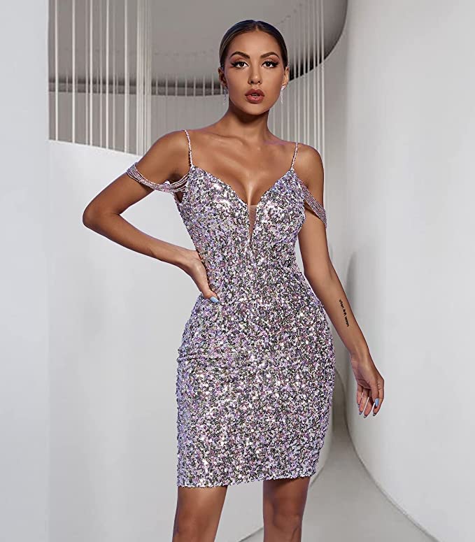 BELLA BARNETT Sequin Mini Dress for Women - Sexy Deep V Neck Backless Bodycon Party Dress | Perfect for Birthday, Homecoming, Club & Night Out