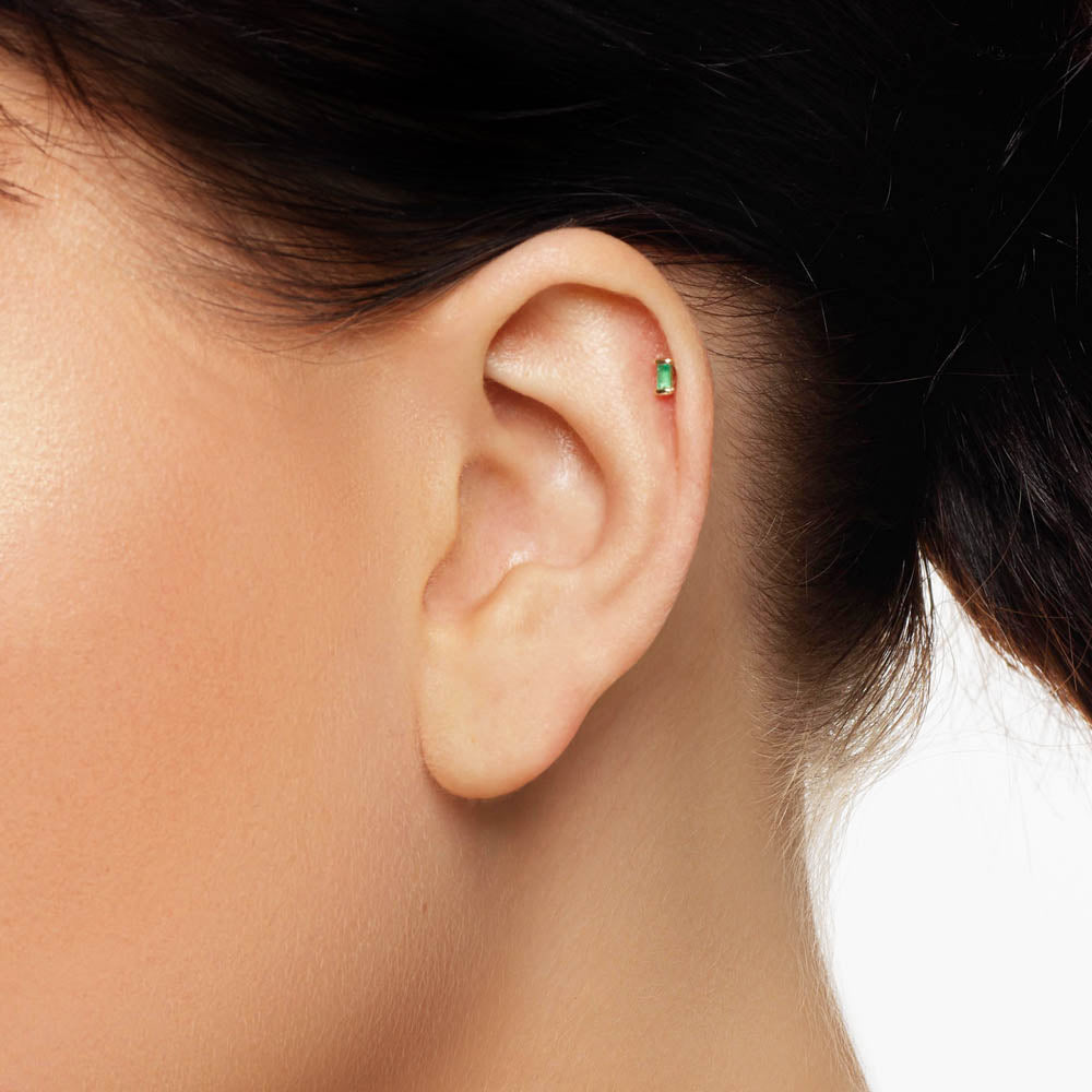 10k Gold Emerald Baguette Helix Single Stud Earrings for Women - Elegant Green Gemstone Jewelry for Everyday Wear & Special Occasions