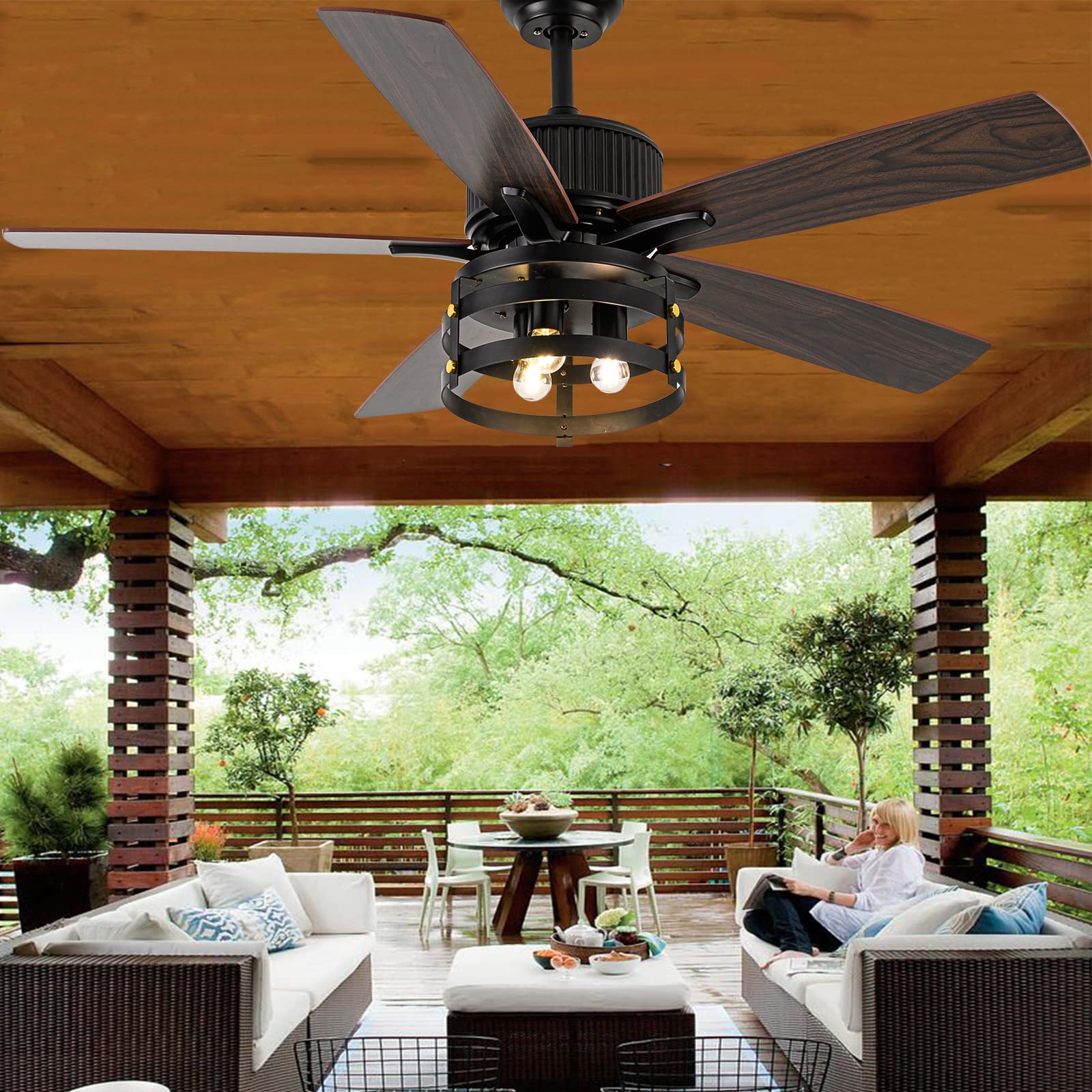 52 Inch Farmhouse Rustic Ceiling Fan with Lights - Industrial Style Outdoor/Indoor Reversible Fan with Large Airflow, Dual Finish Blades & Timer - Perfect for Patio, Living Room, Bedroom and Covered Porch