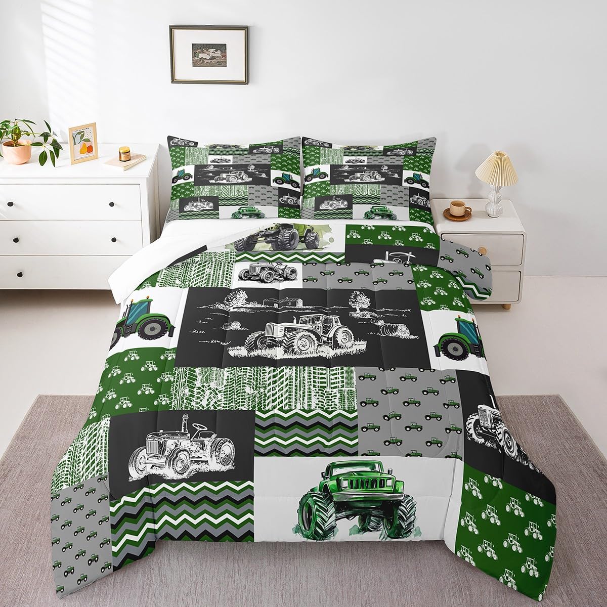 King Size Tractor & Truck Comforter Set - Farmhouse Harvester Down Comforter for Boys' Bedroom Decor | Green Vehicle Plaid Quilt with 2 Pillowcases, Grey | Perfect for Kids' Room, Farm Theme Nursery & Truck Lovers