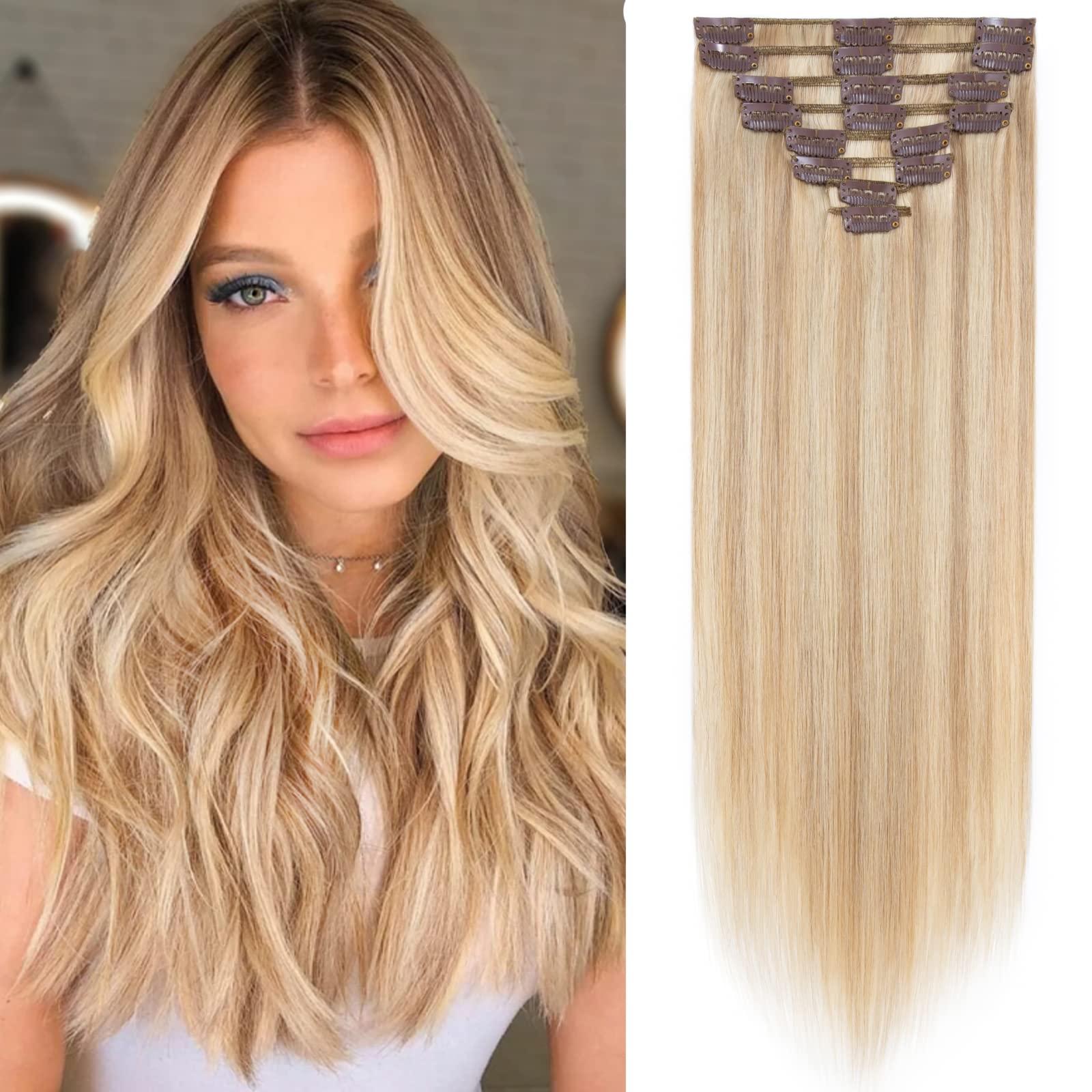 S-noilite 100% Real Human Hair Clip-in Extensions - 8 Pieces 18 Clips Straight 16