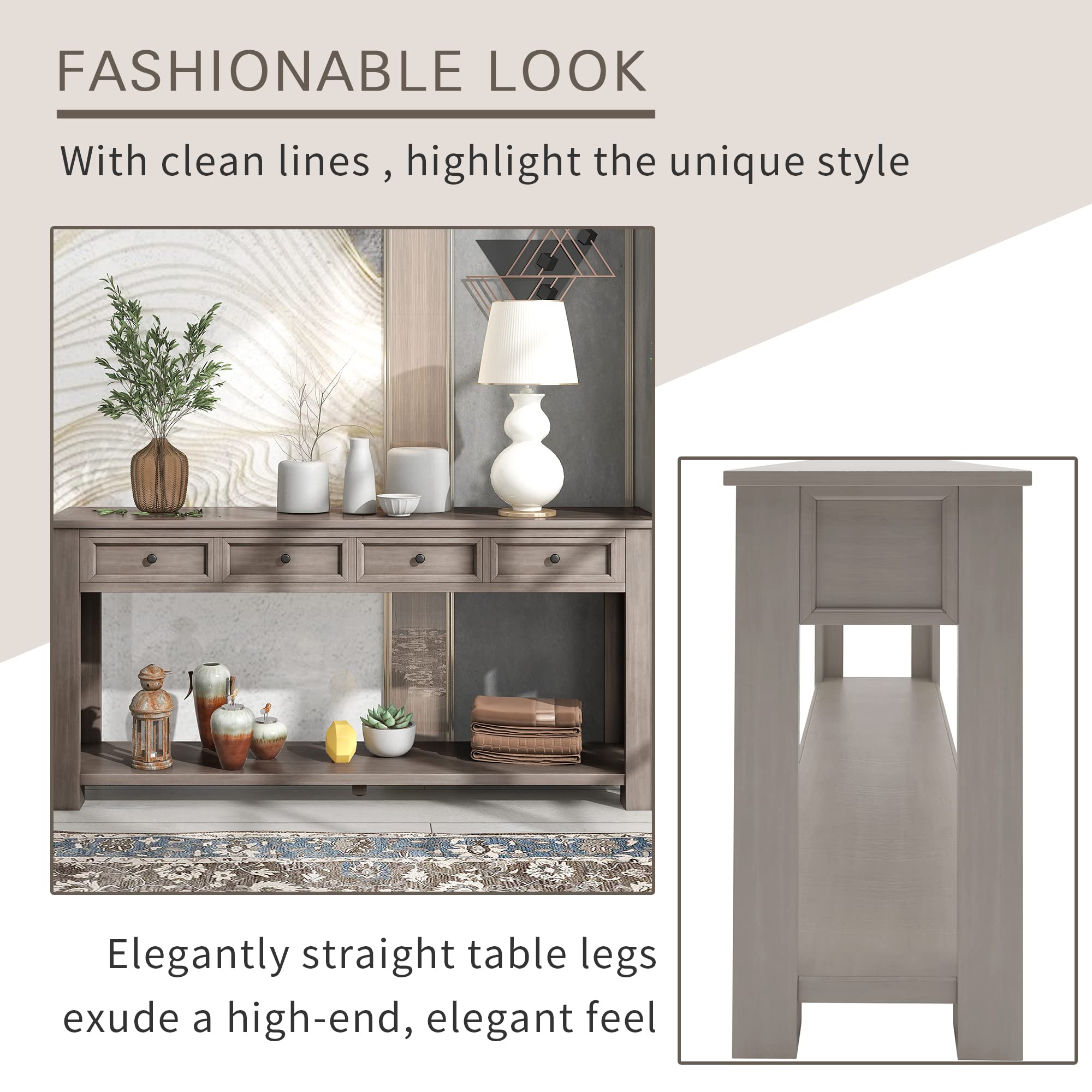 Rustic Solid Wood Console Table with 4 Storage Drawers - 63