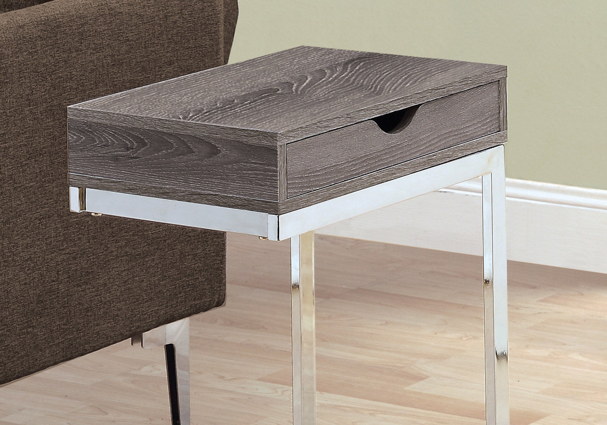 Modern Chrome Metal & Dark Taupe Accent Table with Storage Drawer - Perfect for Living Room, Bedroom, or Entryway Decor