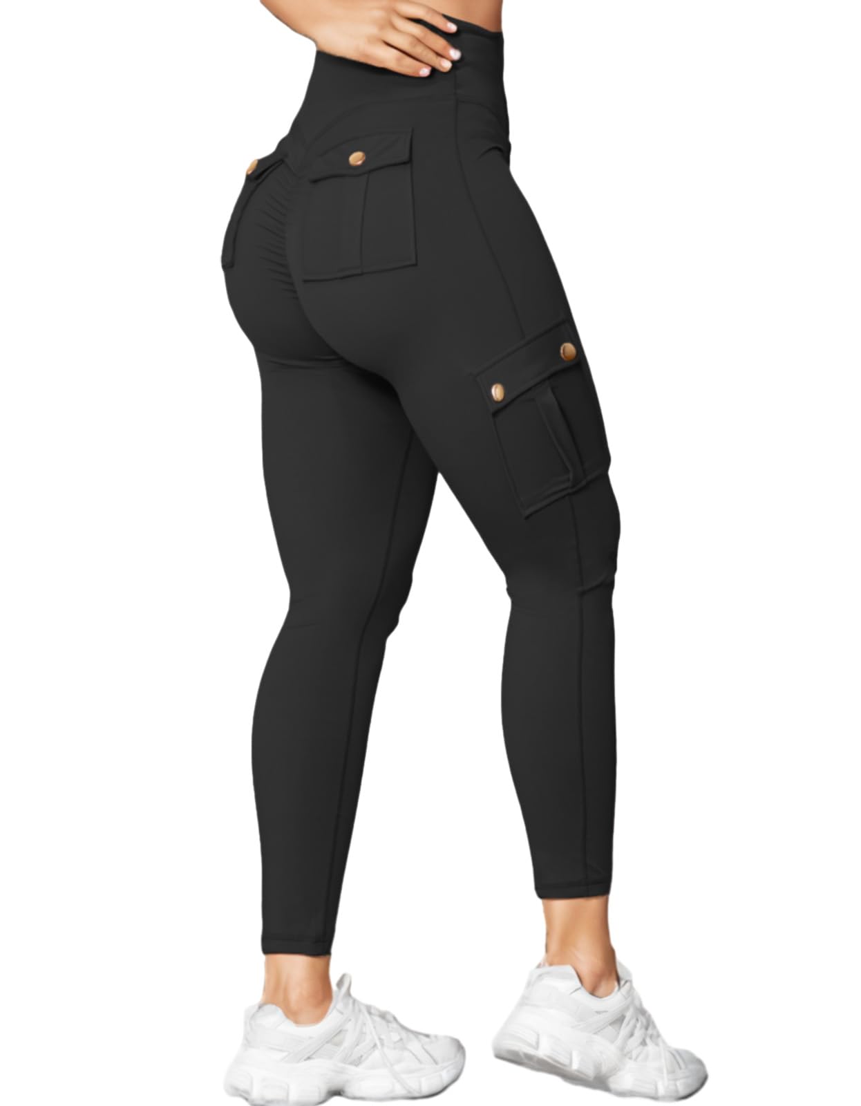 Nuofengkudu Women's High Waisted Scrunch Bum Cargo Leggings with Pockets - Tummy Control Workout Pants for Gym, Running, Jogging & Yoga - Ankle Length Booty Lifting Sports Trousers for Women