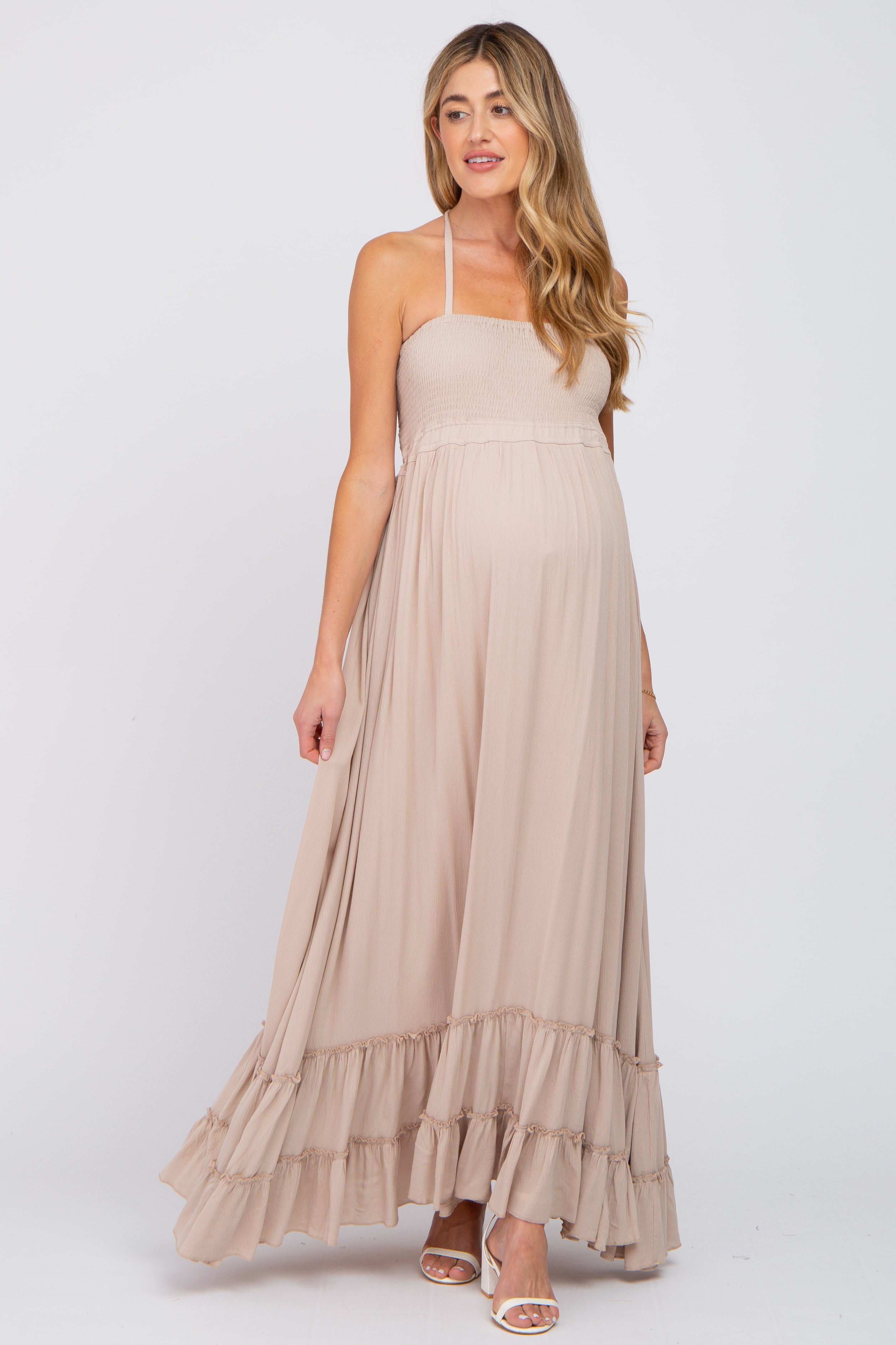 Beige Halter Neck Cut Out Maternity Maxi Dress for Pregnancy, Summer Beach & Photoshoot - Comfortable Flowy Long Dress for Expecting Mothers