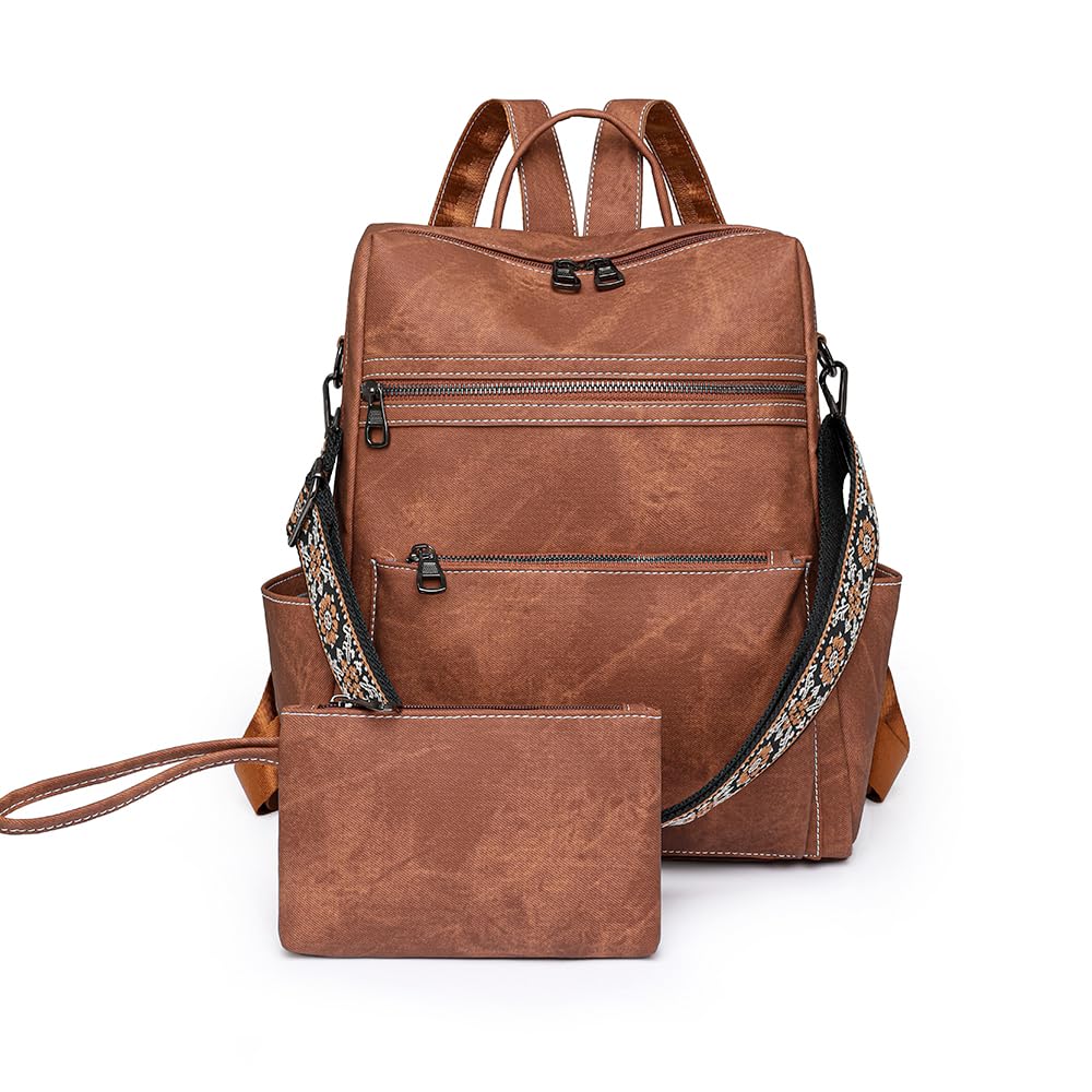 Stylish Vegan PU Leather Backpack for Women - Large Anti-Theft School & Travel Rucksack - Waterproof Shoulder Bag for Hiking, Work & Daily Commute - Fashionable Brown Handbag