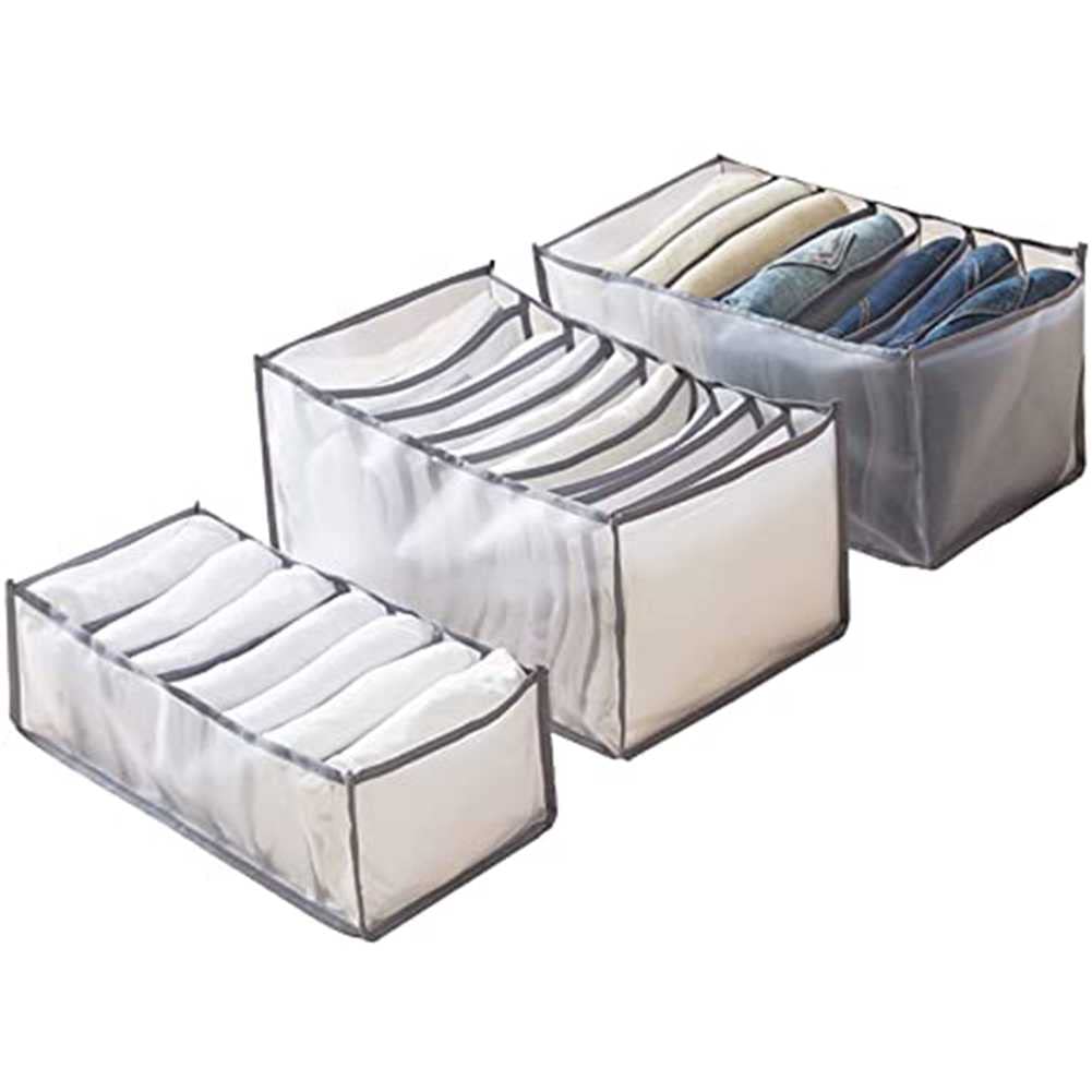Premium 3-Piece Washable Closet Organizer Set - 7 Grid Foldable Mesh Storage Drawer for T-Shirts, Leggings, Skirts & Jeans | Space-Saving Wardrobe Solution for Bedroom, Dorm & Travel Organization