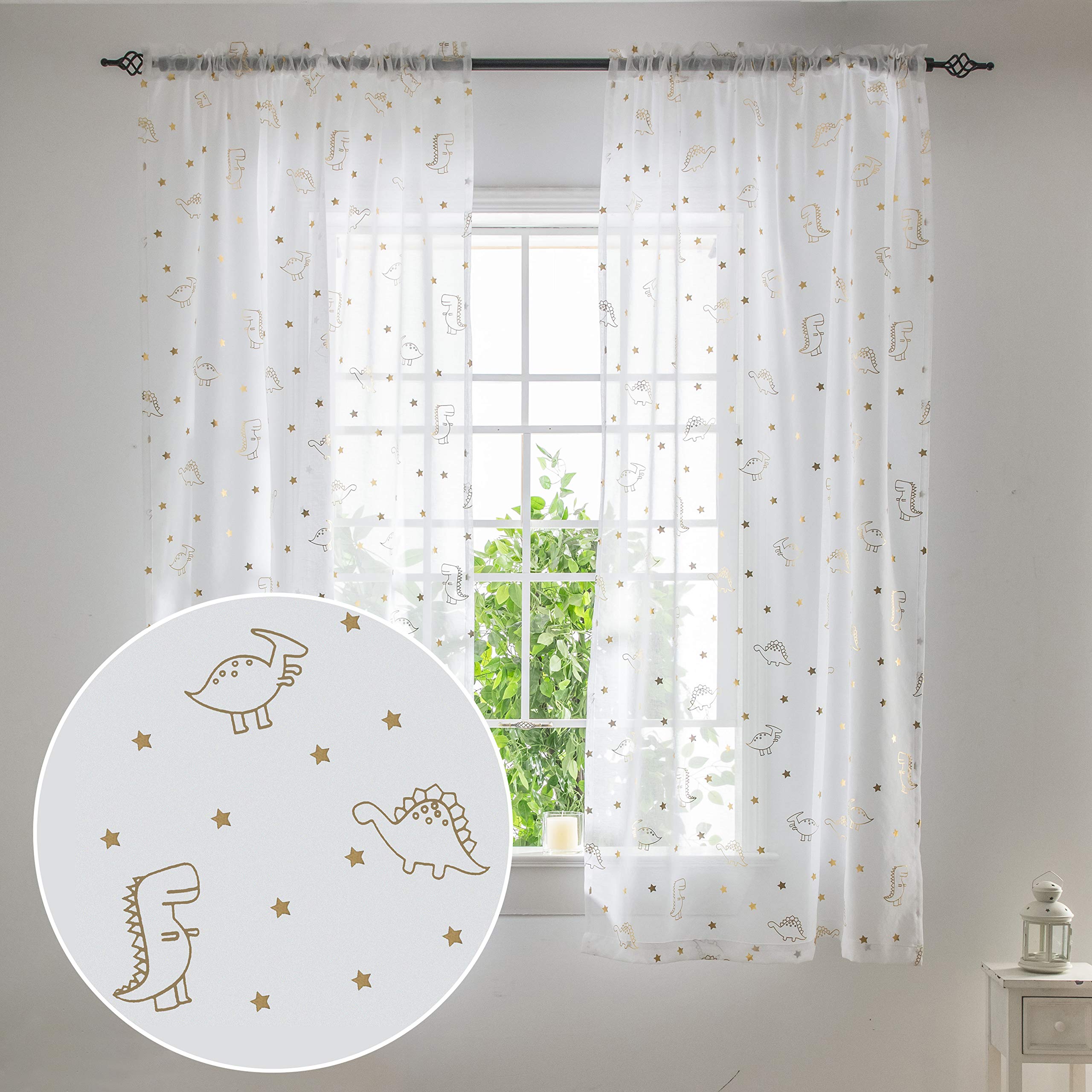 Dinosaur Sheer Curtains for Kids Room - Gold Foil Print Star & Dino Pattern Voile Drapes, 52x84 Inches, Set of 2 Panels with Rod Pocket | Perfect for Boys Nursery, Bedroom Decor & Playroom Windows