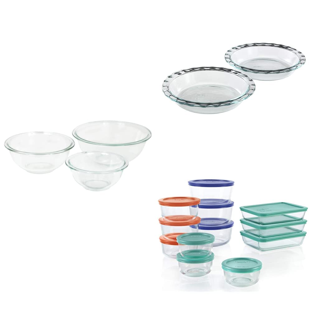 Pyrex Mixing Bowls Set with Pie Plates & 24-Piece Food Storage Containers - Durable Glass Bakeware for Cooking, Baking & Meal Prep - Perfect for Kitchens, Restaurants & Home Chefs