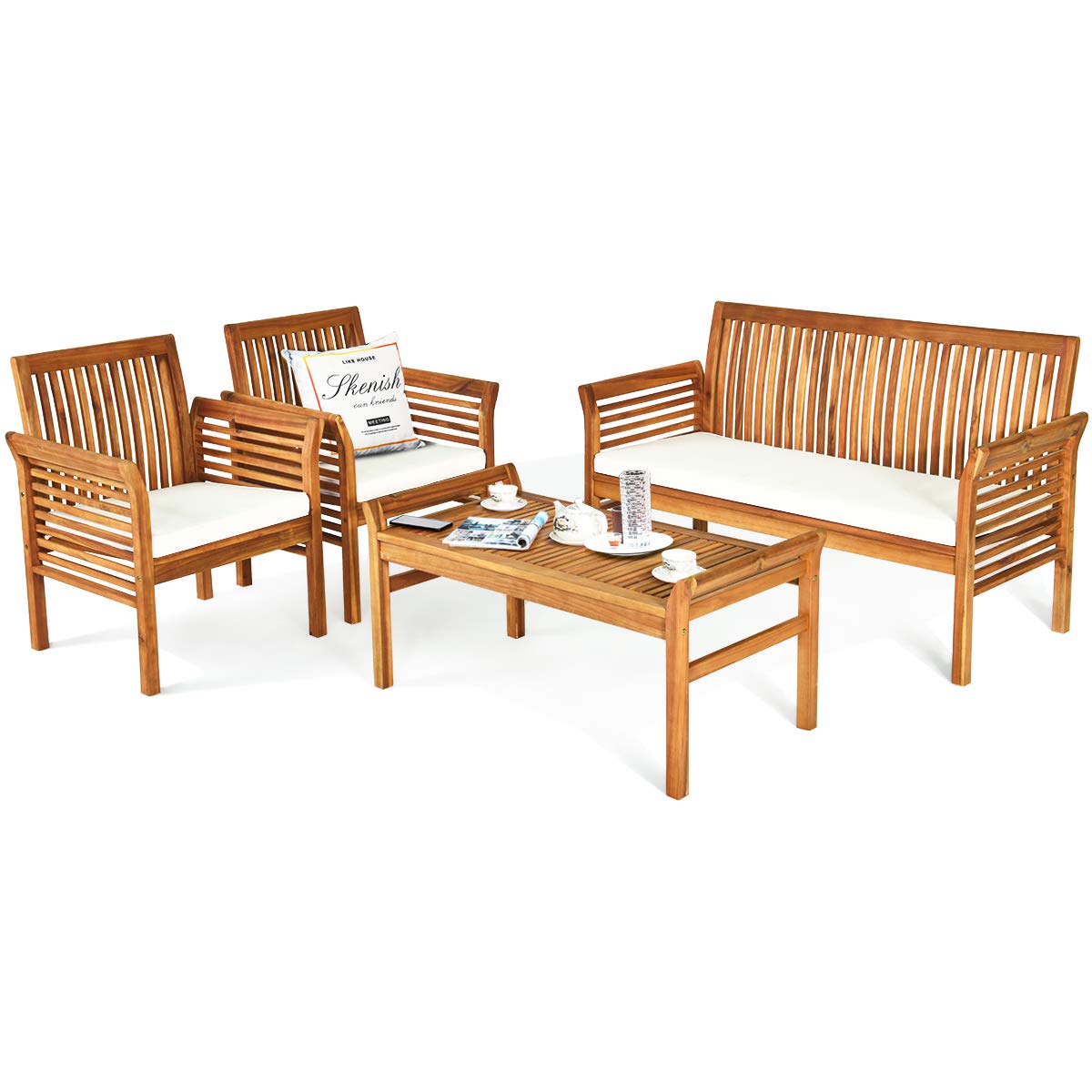 Tangkula 4-Piece Outdoor Acacia Wood Patio Furniture Set with Water-Resistant Cushions - Includes Sofa, Chairs & Coffee Table for Garden, Backyard, Poolside - Perfect for Relaxing, Entertaining & Outdoor Gatherings