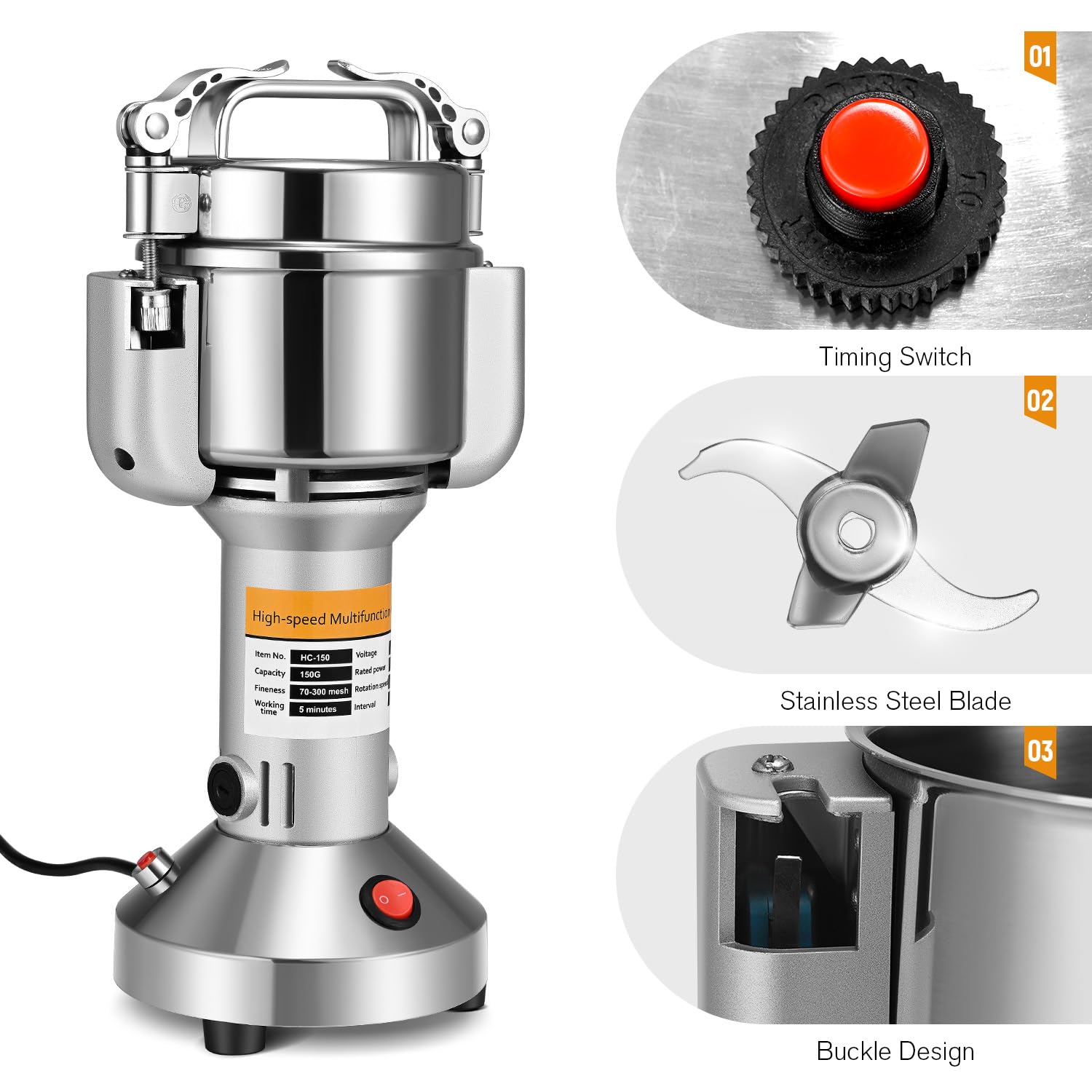 Electric Grain Grinder 150g Portable High-Speed Mill with 3 Stainless Steel Blades - 220V for Wheat, Dry Cereals, Herbs & Spices - Perfect for Home Baking, Coffee Grinding & Healthy Cooking