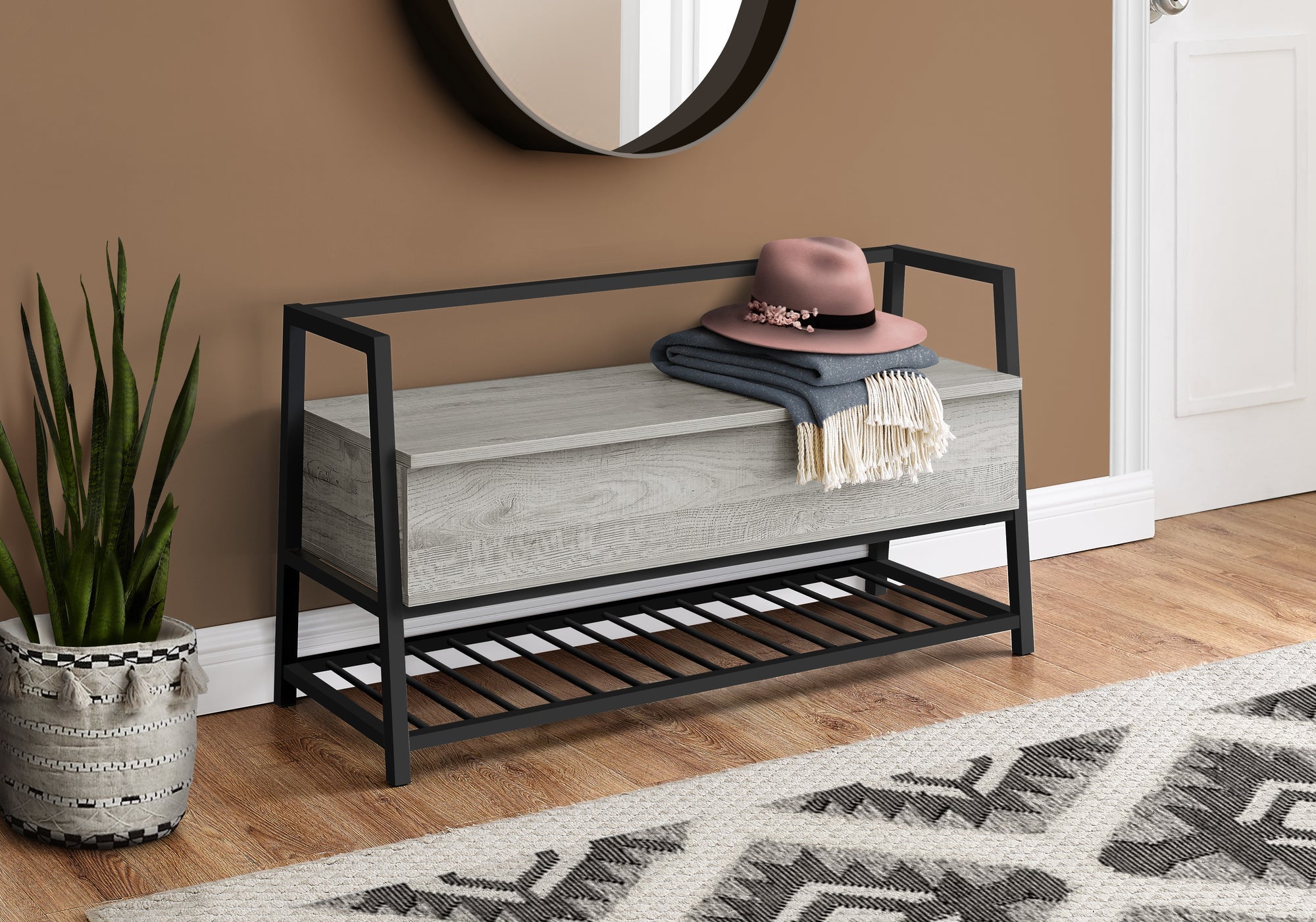 42L Grey Storage Bench with Black Metal Frame - Perfect for Entryway, Living Room, or Bedroom Organization