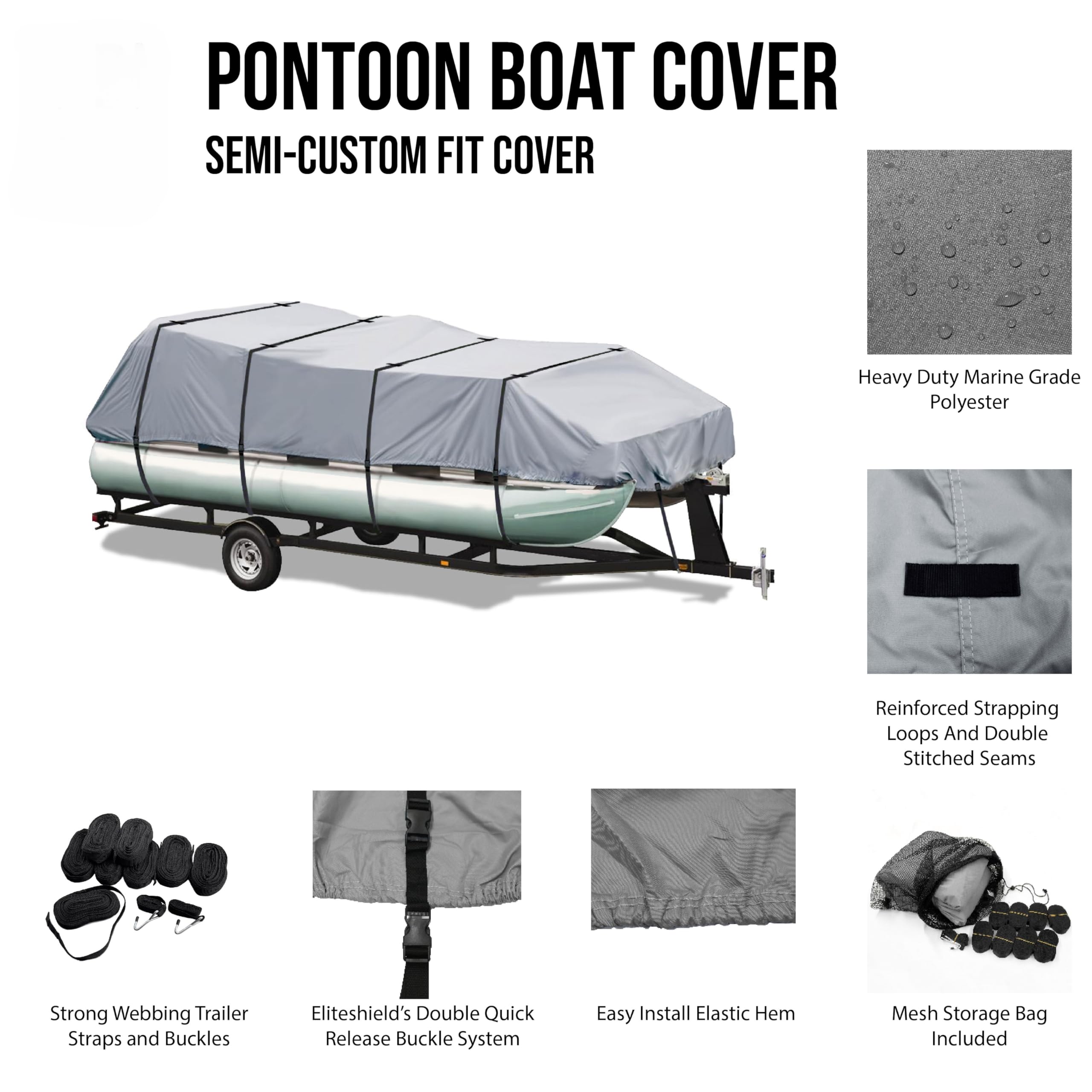 Heavy Duty 600D Polyester Waterproof Pontoon Boat Cover - Marine Grade Trailerable Deck Cover for 17ft-20ft Boats (Beam Width up to 102