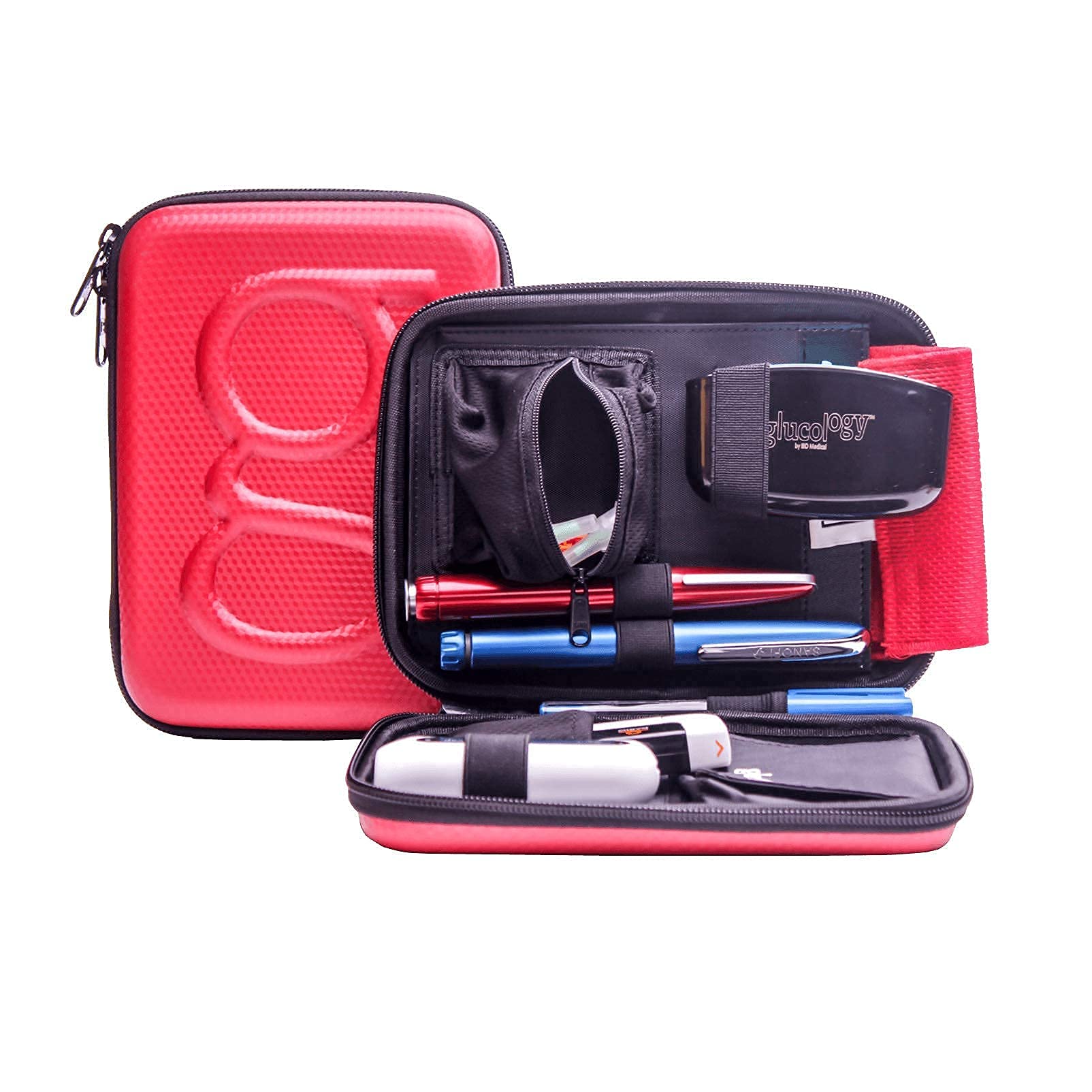 Glucology Diabetes Travel Essentials Kit - Red Classic Diabetes Travel Case with 3 Travel Sharps Disposal Containers | Portable Blood Sugar Management for Diabetics on the Go