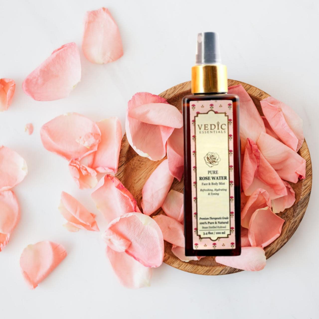 VEDICESSENTIALS Pure Rose Water (Gulab Jal) - 100ml Hydrating & Toning Face & Body Mist for Glowing Skin | Refreshing Floral Toner for Daily Skincare, Makeup Setting & Summer Cooling