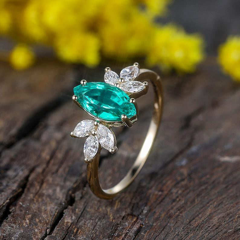 Vintage Marquise Cut Emerald and Diamond Cluster Engagement Ring for Women - Perfect for Proposals, Weddings & Anniversaries