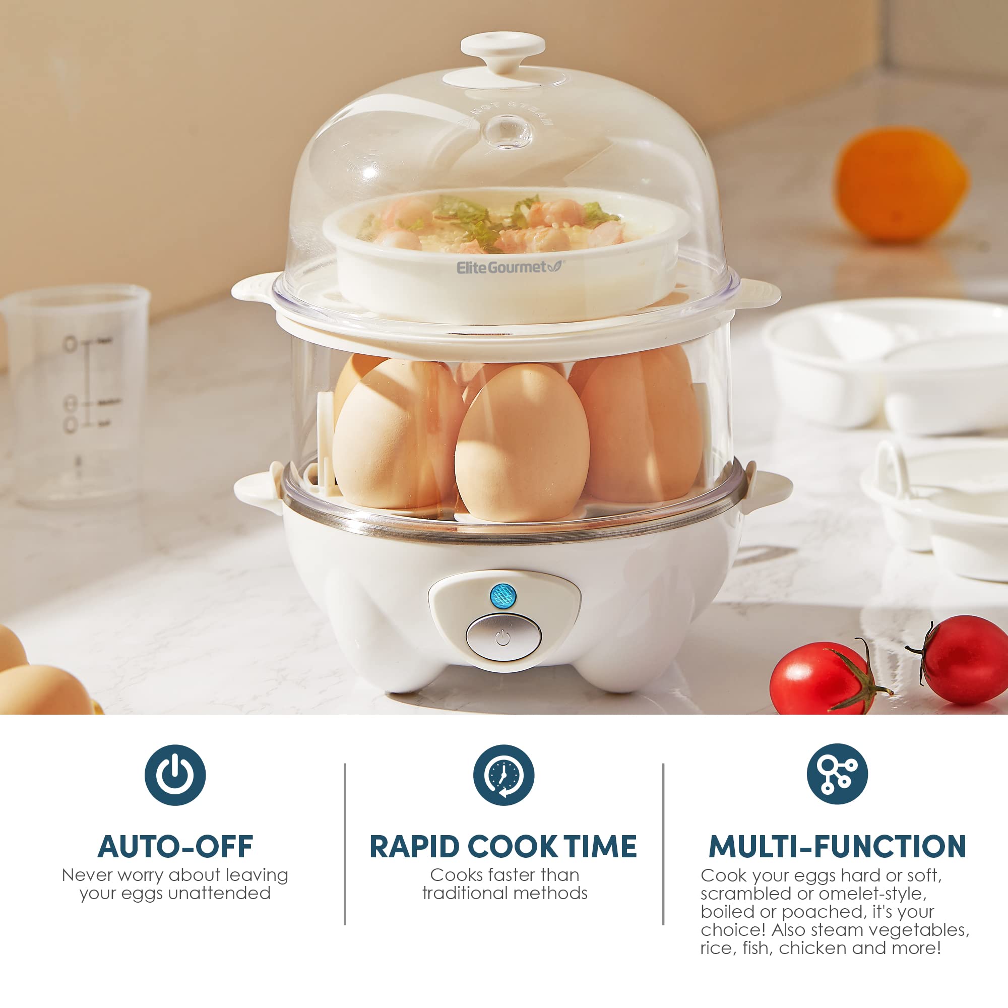 Elite Gourmet EGC1405W 2-Tier Rapid Egg Cooker - 5-Egg Poacher for Soft, Medium & Hard-Boiled Eggs, Omelets | Auto Shut-Off & Buzzer | BPA-Free | 14 Egg Capacity | White | Perfect for Breakfast, Meal Prep & Keto Diet