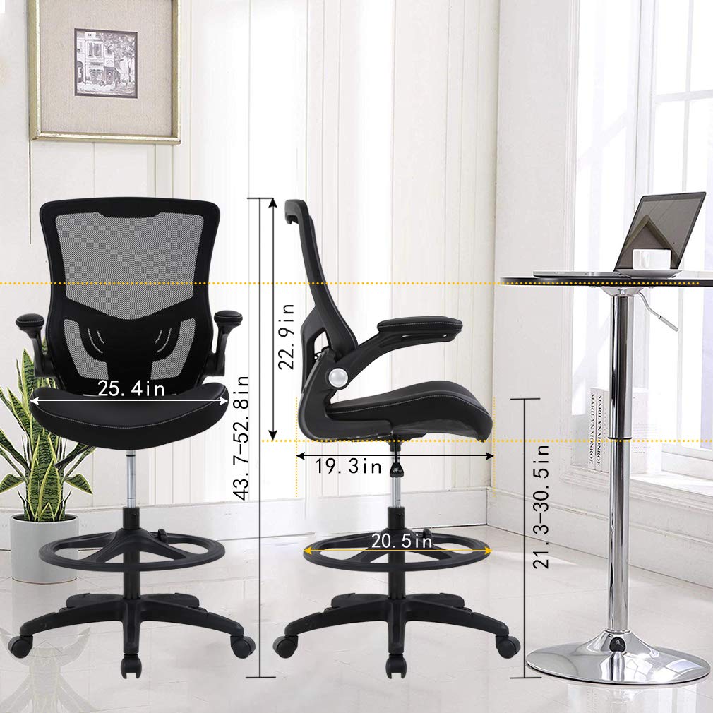 Ergonomic Drafting Chair with Flip-Up Arms, Foot Rest & Adjustable Height - Mesh Office Stool for Standing Desk - Black - Perfect for Architects, Artists & Home Office Workspaces