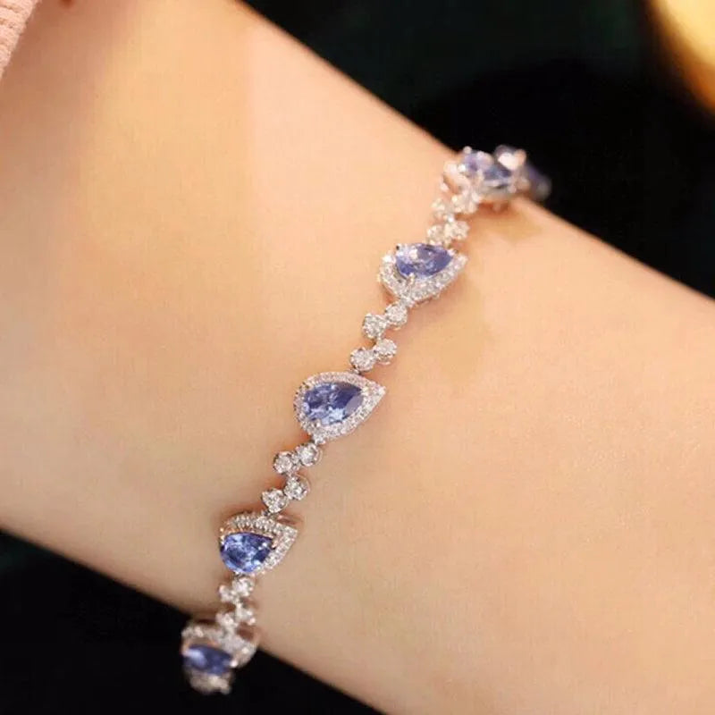 18K Solid White Gold Blue Sapphire & Diamond Bracelet for Women - Elegant Fairy Design, Perfect for High-Class Banquets & Special Occasions