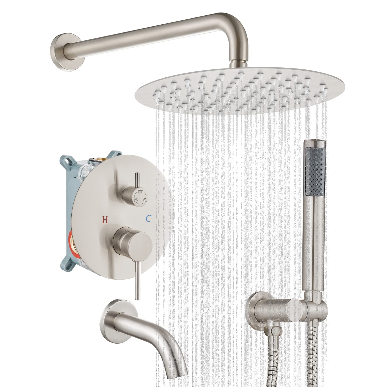 10 Inch Rain Round Shower Head with Handheld Spray - Luxury Brushed Nickel Wall Mount Shower Combo Set with Tub Filler, Rough-in Valve & Shower Trim - Triple Function Bathroom Shower System for Spa-Like Relaxation and Modern Home Upgrade