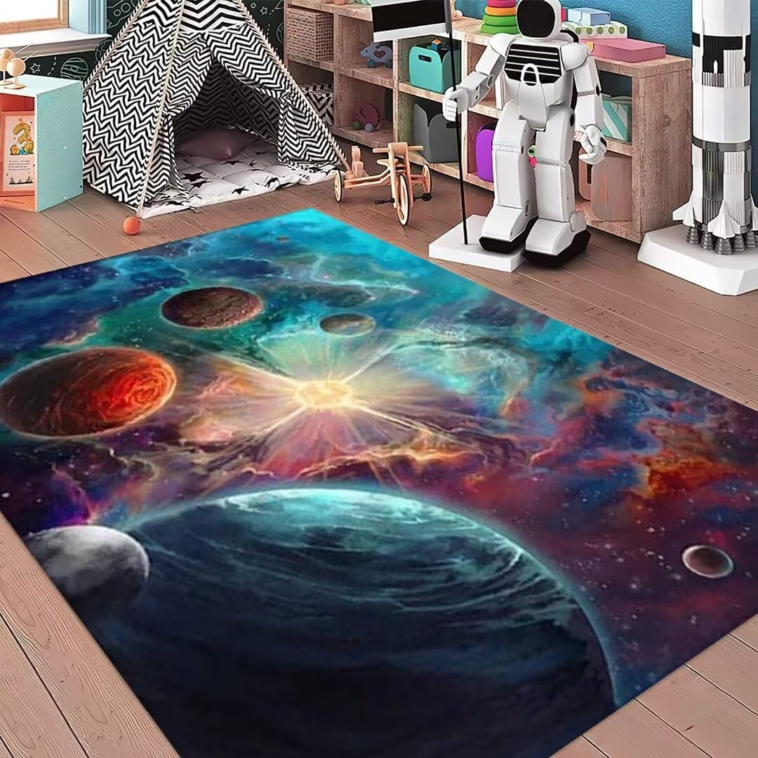 Starry Sky Area Rug for Boys Bedroom - Extra Large 6'×9' Outer Space Planet Nebula Playmat - Washable Kids Room Decor for Living Room, Dining Room & Play Area - Perfect for Themed Bedrooms, Playrooms & Space Enthusiasts