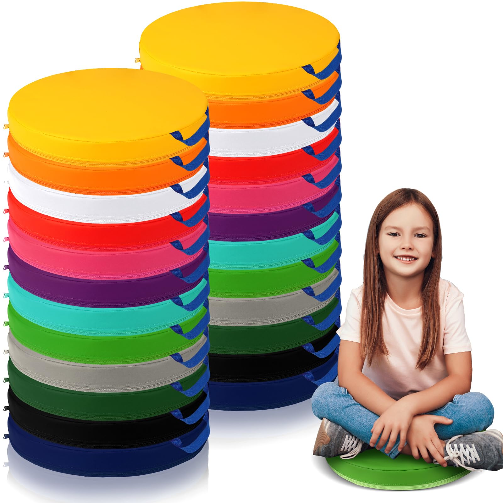 Geetery 24 Pack 15.8 Inch Colorful Round Floor Cushions for Kids - Flexible Seating for Classroom, School, Office & Home - Soft Floor Seats with Handles for Adults & Children - Perfect for Reading Nooks, Play Areas & Group Activities