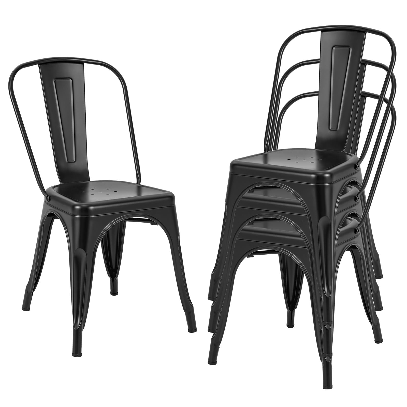 RELAX4LIFE 4-Piece Metal Dining Chair Set - Stackable Kitchen & Dining Room Chairs with Removable Backrest & Non-Slip Rubber Feet - Indoor/Outdoor Use for Home, Cafe, Restaurant & Patio (Black)