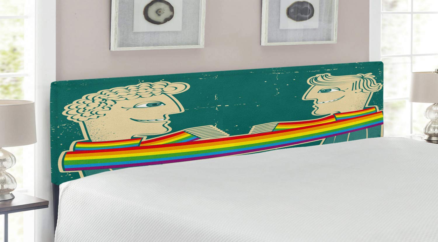 Ambesonne Pride Headboard - King Size Upholstered Decorative Metal Bed Frame with Memory Foam, Happy Gay Couple Rainbow Scarf Design for LGBTQ+ Bedroom Decor | Perfect for Pride Month, Anniversary Gifts & Romantic Master Bedroom Setup