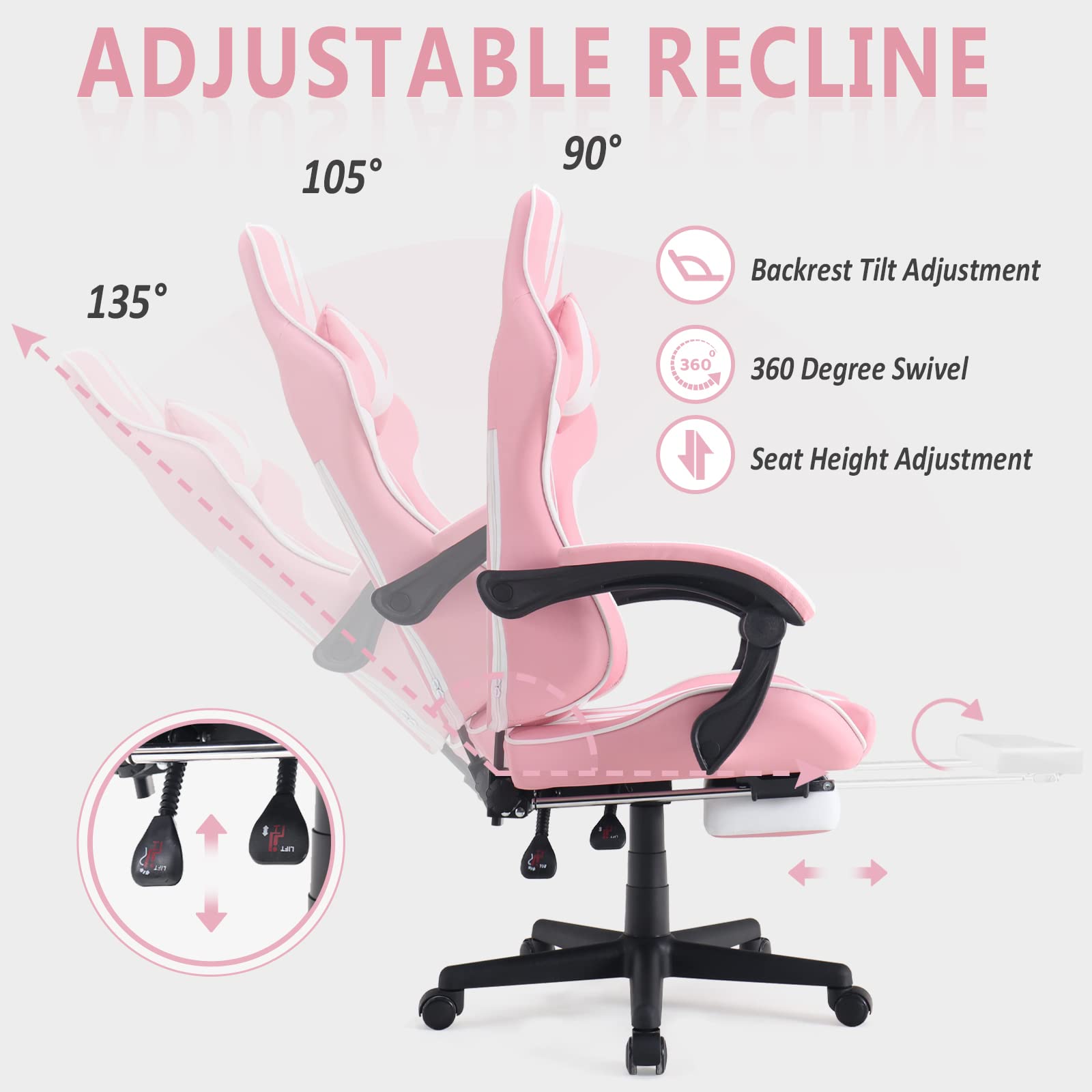 Premium Gaming Chair with Footrest & Massage - Ergonomic Computer Game Chair for Adults & Teens - Perfect for Gaming, Live Streaming & Office Use - Racing Style in Pink - Ideal Christmas/Xmas Gift for Gamers