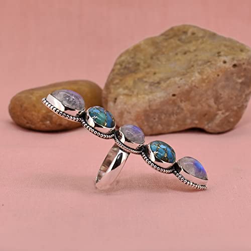 Genuine Rainbow Moonstone & Turquoise 925 Sterling Silver Ring - Handmade Fashion Jewelry for Engagement, Promise, June Birthstone & Anniversary - Perfect for Weddings, Gifts & Boho Style Outfits