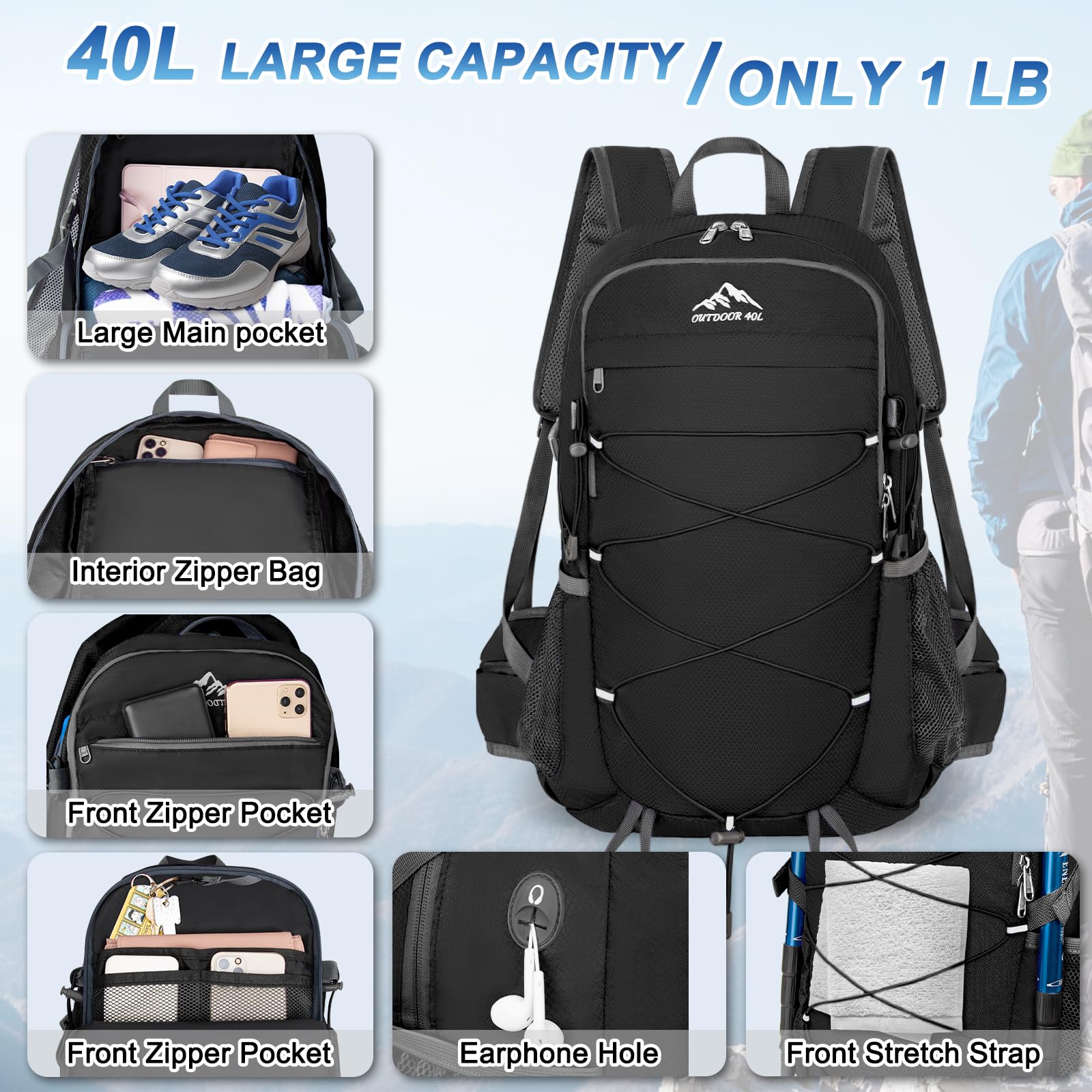 BKNOOU 40L Lightweight Hiking Backpack - Waterproof Foldable Daypack for Camping & Travel - Compact Packable Backpack for Men & Women - Perfect for Outdoor Adventures, Day Hikes & Weekend Getaways