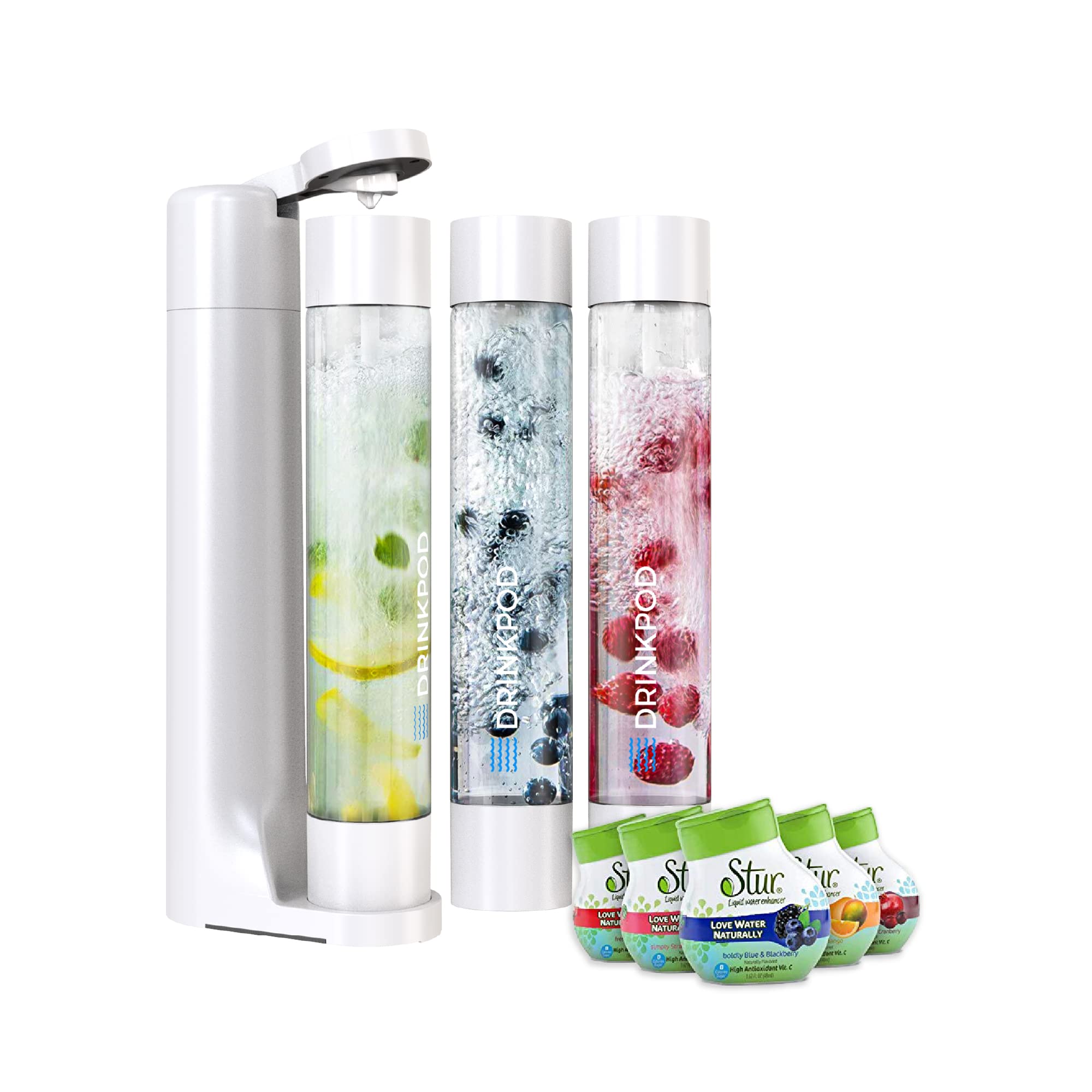 FizzPod Sparkling Water Maker Machine - Soda Stream with 1L Carbonating Bottle & 3 Extra Bottles, Infused Fruit Flavors, Compatible with 60L CO2 Carbonator - Perfect for Home, Office, Parties & Healthy Hydration (White + 5PK Stur Drink Mix)