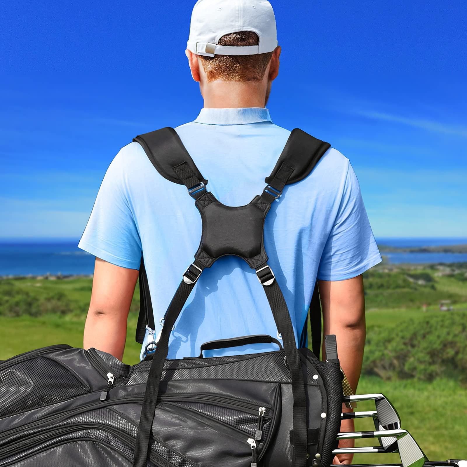 Premium Adjustable Padded Golf Bag Strap - Double Shoulder Support with 4 Rotating Hooks - Replacement Strap for Comfortable Golfing - Perfect for Golfers, Caddies & Driving Range Practice