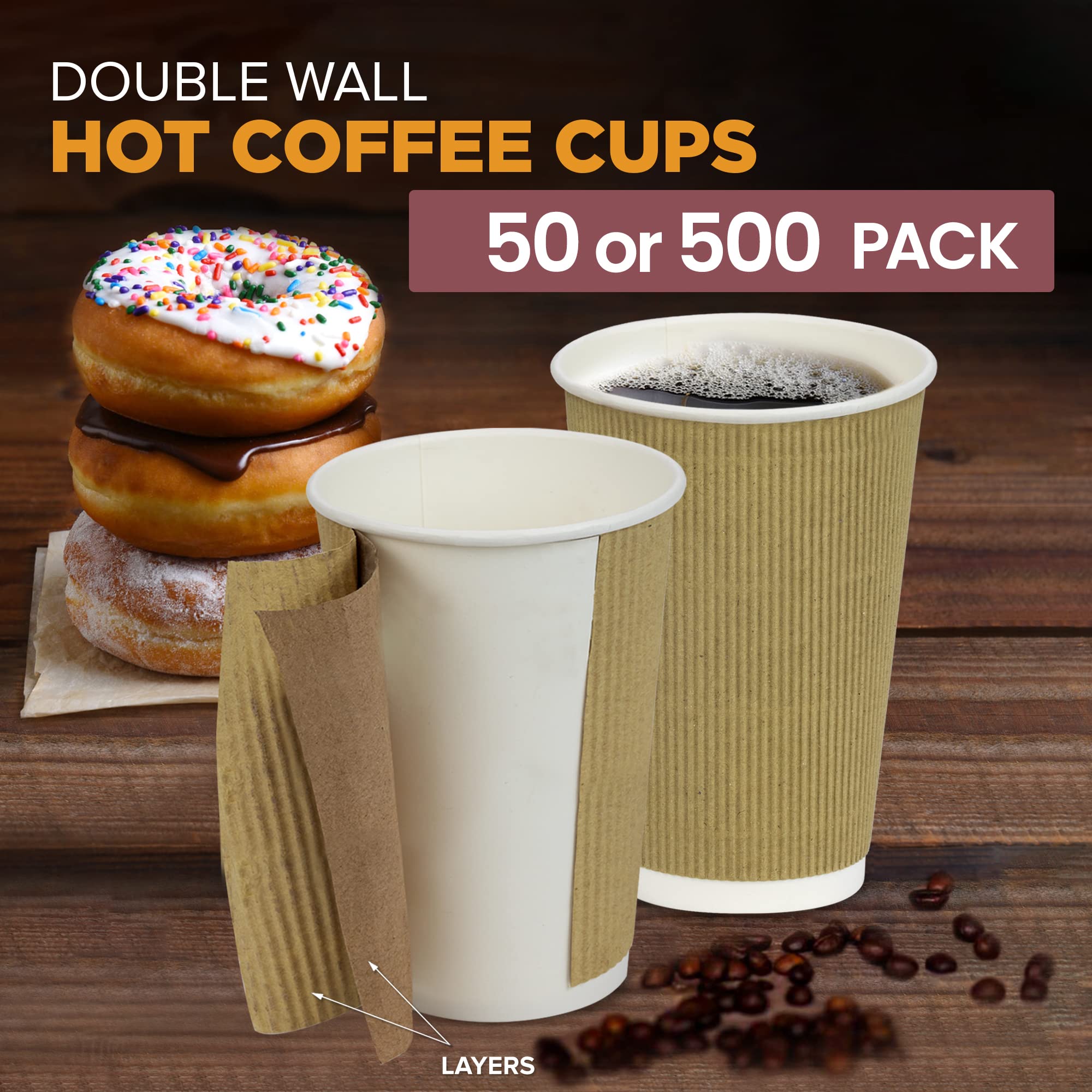500 Pack 16oz Brown Disposable Coffee Cups - Triple Wall Insulated Hot Drink Cups for Coffee, Tea, Hot Chocolate - Eco-Friendly Corrugated Paper Cups for Travel, Office, Home & Cafes (Lids Not Included) | Perfect for Morning Commute, Office Breaks & Family Gatherings