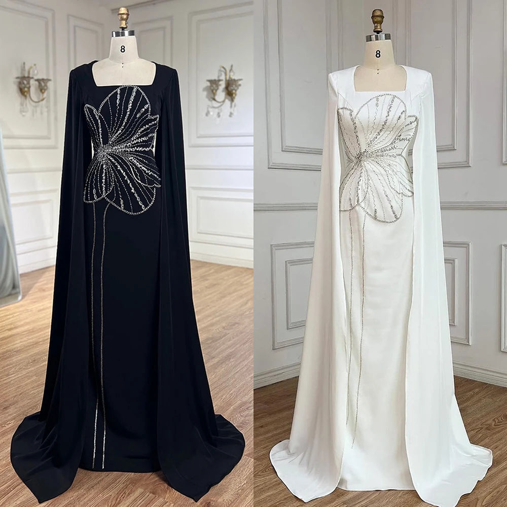 Elegant Black Luxury Beaded Arabic Evening Dress with Cape Sleeves LA72461 - Perfect for Weddings, Galas & Special Occasions