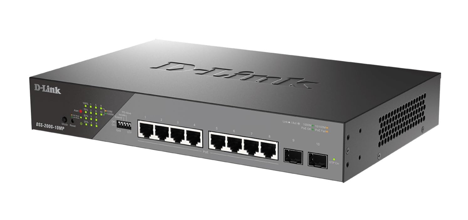 D-Link DSS-200G-10MP 10-Port Gigabit PoE+ Switch - 8 PoE Ports (130W), 2 SFP Ports, Smart-Managed for Office Network & IP Camera Systems